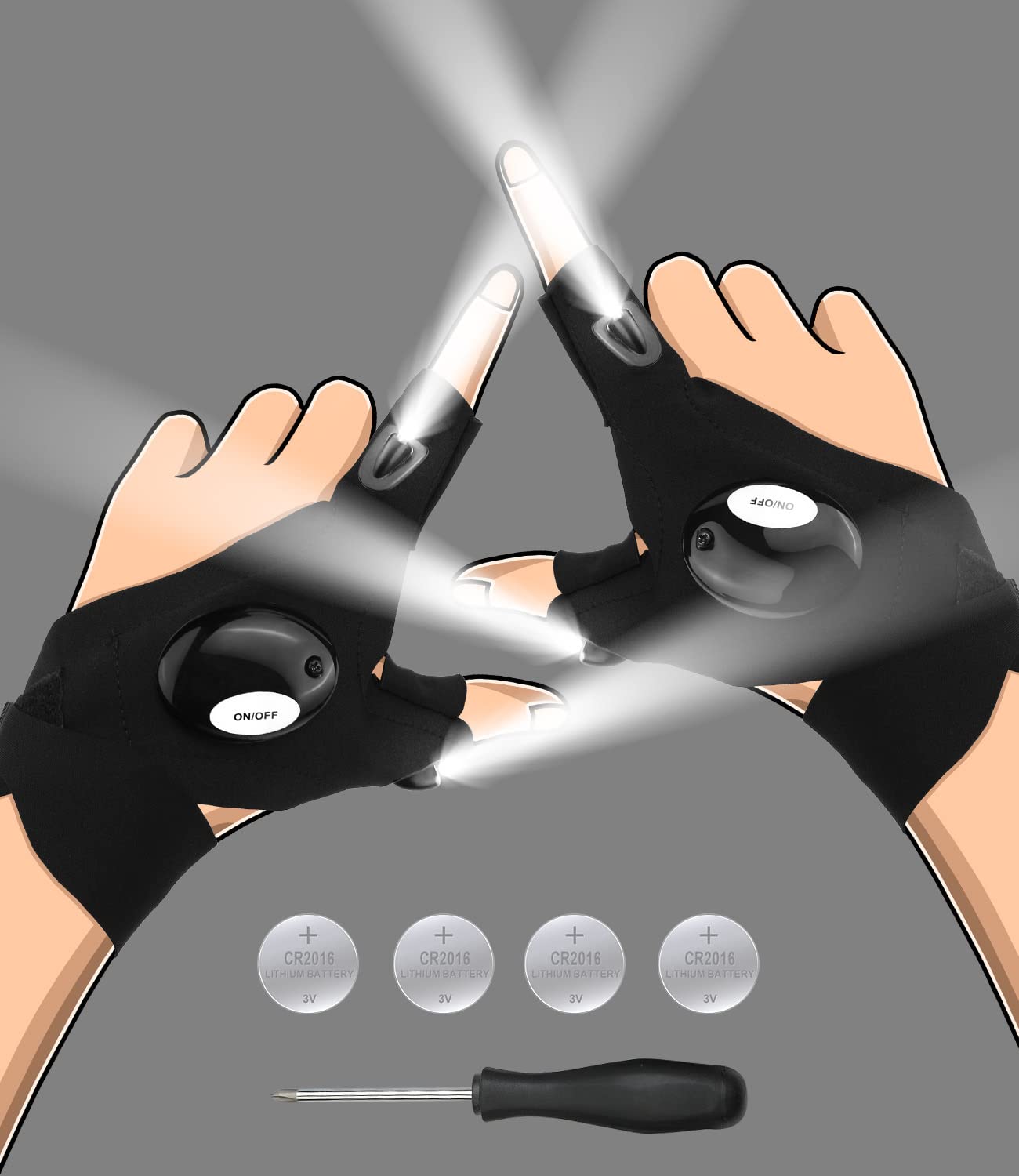Biuonk Led Flashlight Gloves – X-Large Black Finger Lights For Repairing, Fishing & Camping – Cool Gadgets For Men & Boys