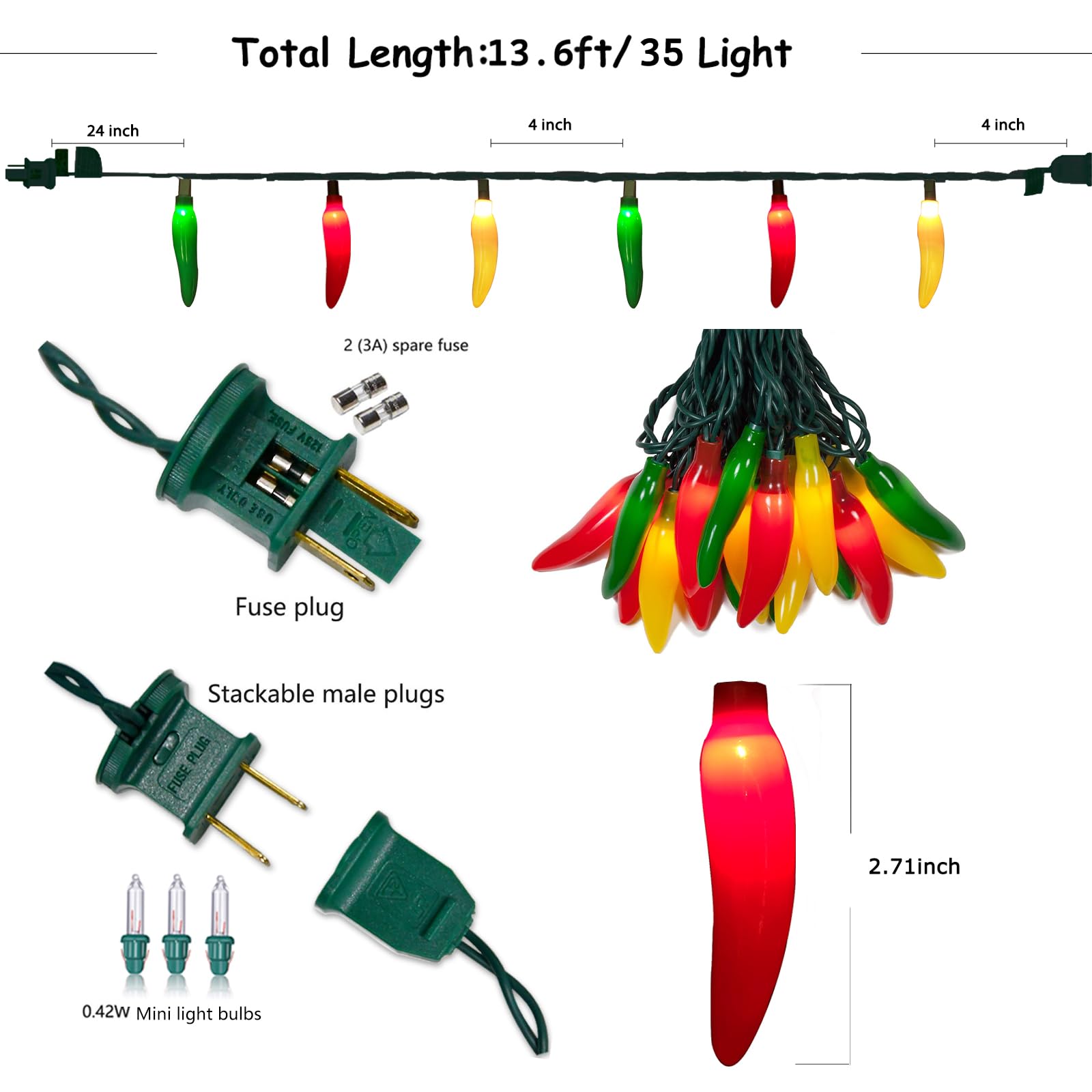 13.6Ft Chili Pepper Lights Lights With 37 Mini Triplecolor Chili Lights(2 Spare),Outdoor Christmas Incandescent Pepper Lights Fo