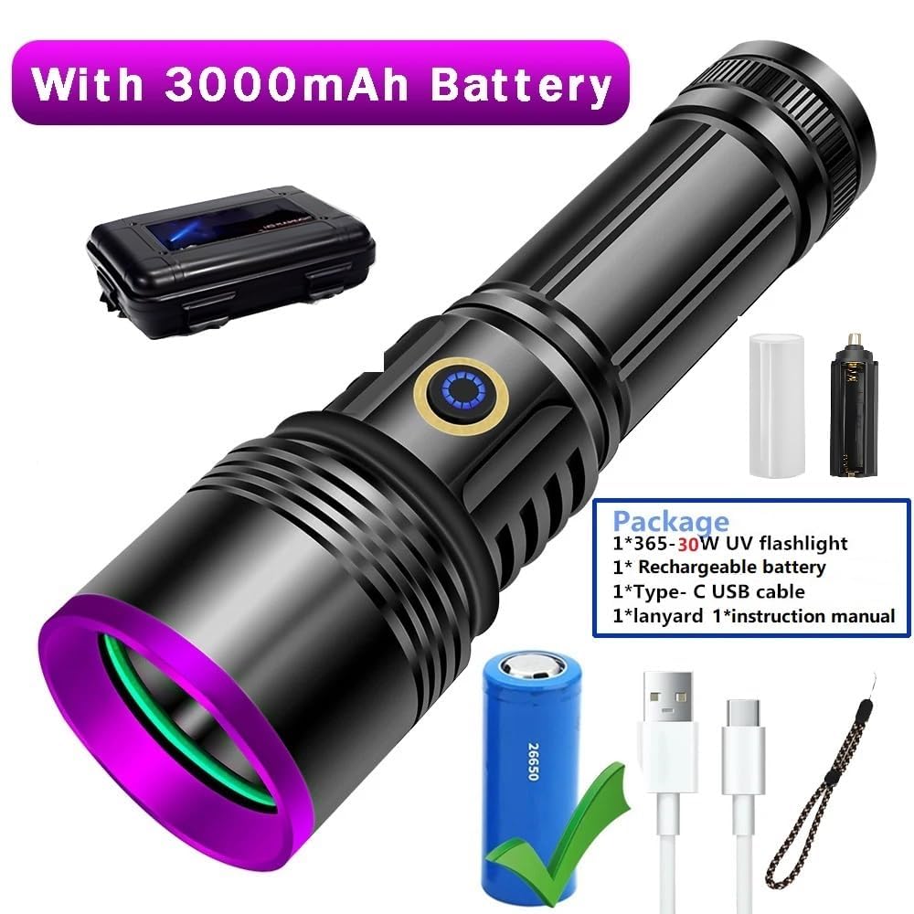 LUXNOVAQ 30W UV Flashlight - 365nm USB Rechargeable Black Light for Pet Urine Detection, Curing, Minerals, & A/C Leak Detection