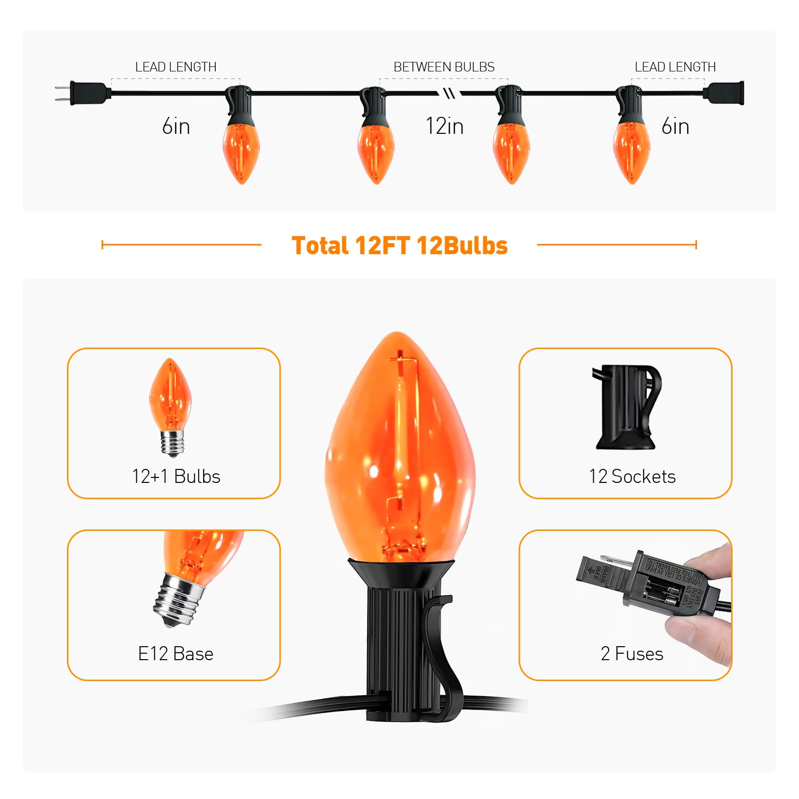 Chysuper C7 Led Christmas Lights, Outdoor Clear Orange String Lights, 12 Ft Patio Lights With 12 Vintage Led C7 Bulbs, Indoor Ou