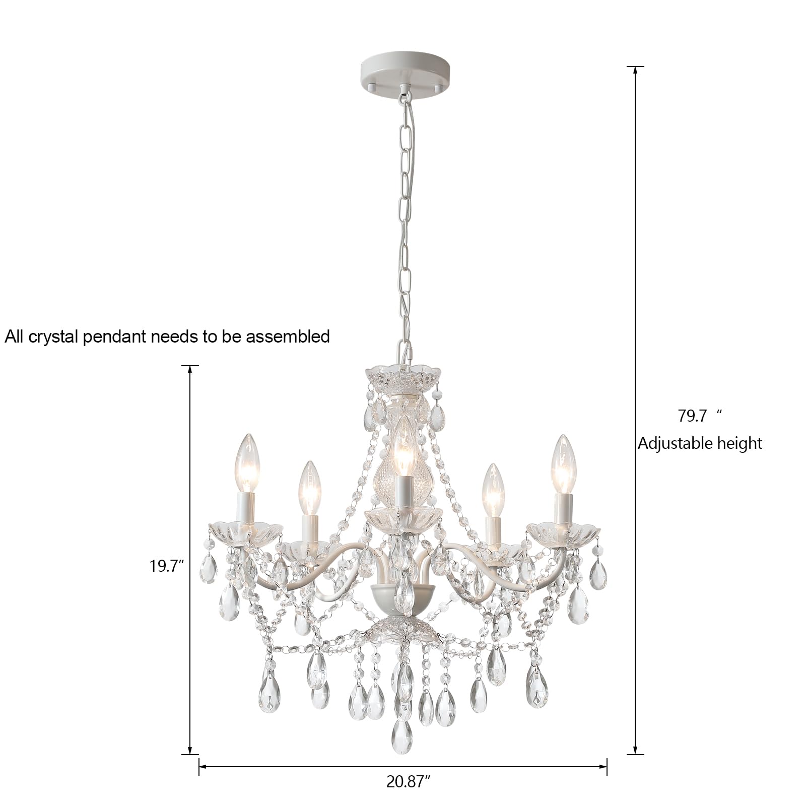 AMZASA Crystal White Chandelier, 5-Light Pendant Light, Ceramic & Crystal, L20.87"xW19.7"xH79.7", Not plug-in WH, Model AS902