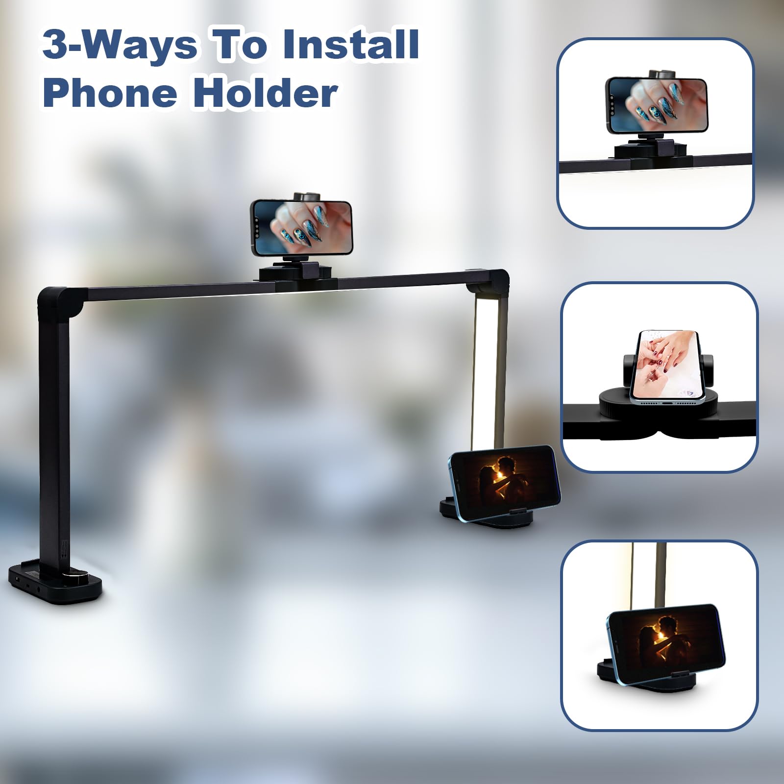 CGBE Nail Table Light: 33.5 Nail Desk Light with Phone Holder - 456 LED 3 Light Colors &10 Brightness Levels Half Moon Table Lig