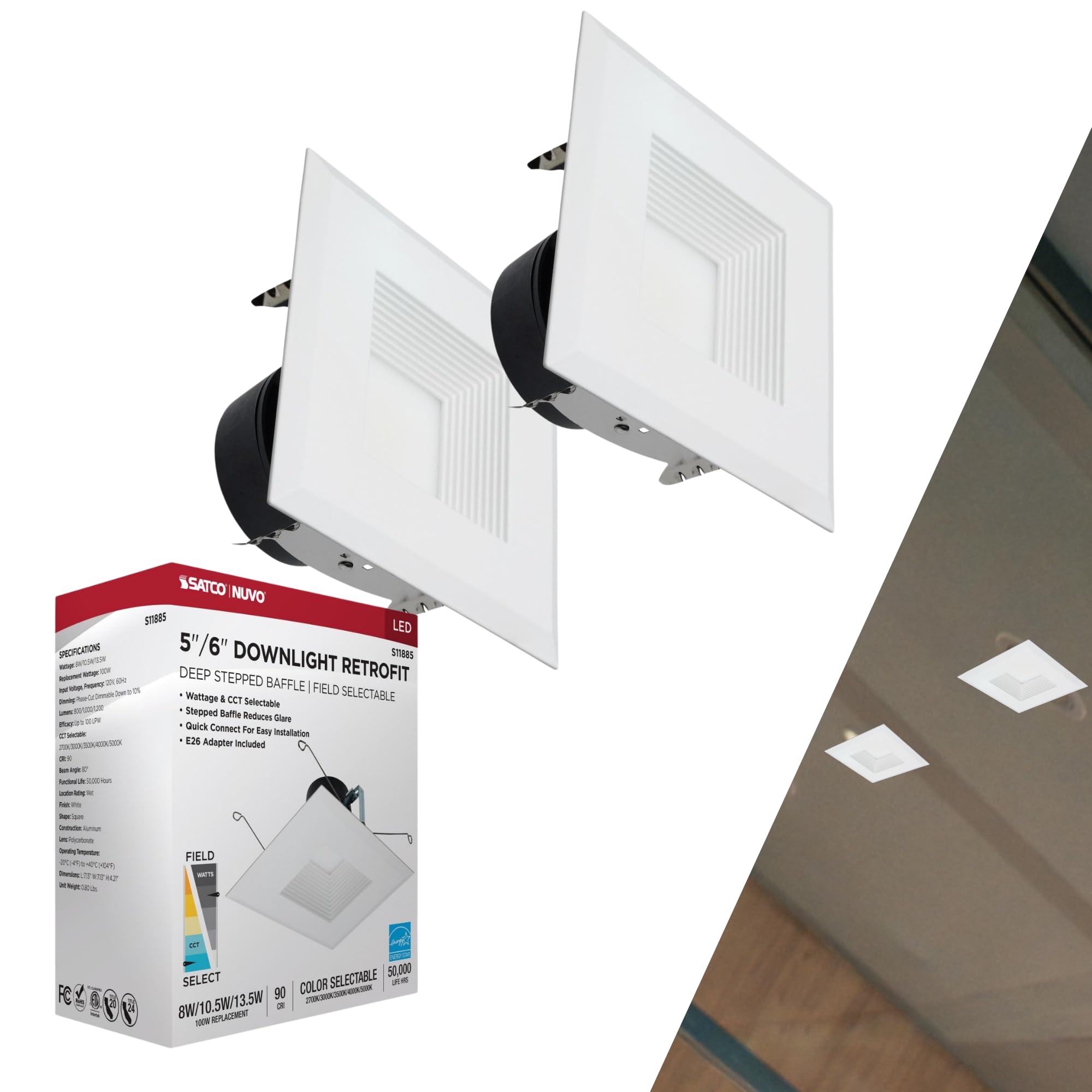 Satco S11885 5-6 Square LED Downlight Retrofit, Deep Baffle, 8W/10.5W/13.5W, 5CCT (2700K-5000K), Dimmable, 120V, 800-1200 Lumens