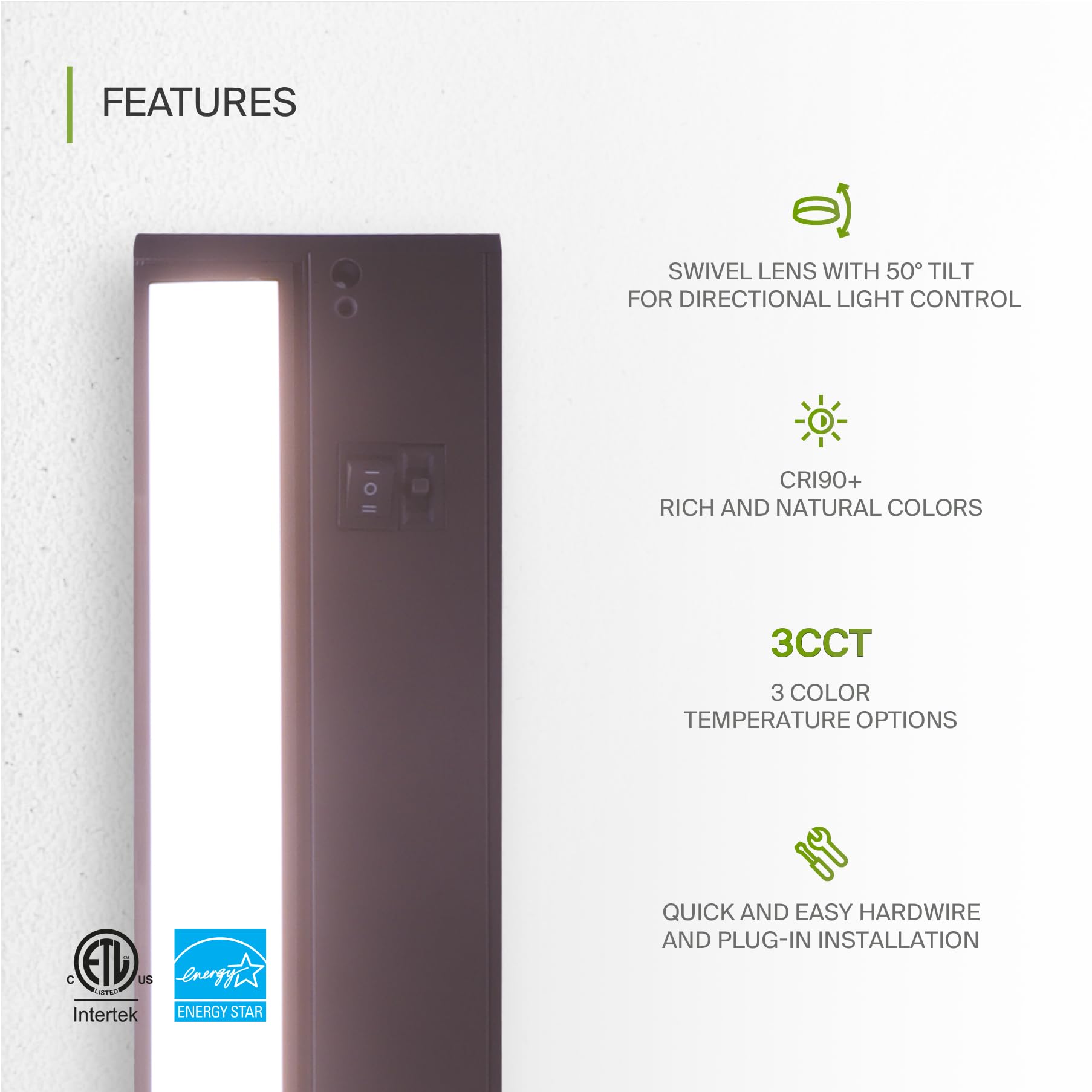 ASD Swivel LED Under Cabinet Light, 12W Dimmable, 24 Inch, Bronze, Hardwired/Plug-in, 2700K/3000K/4000K,