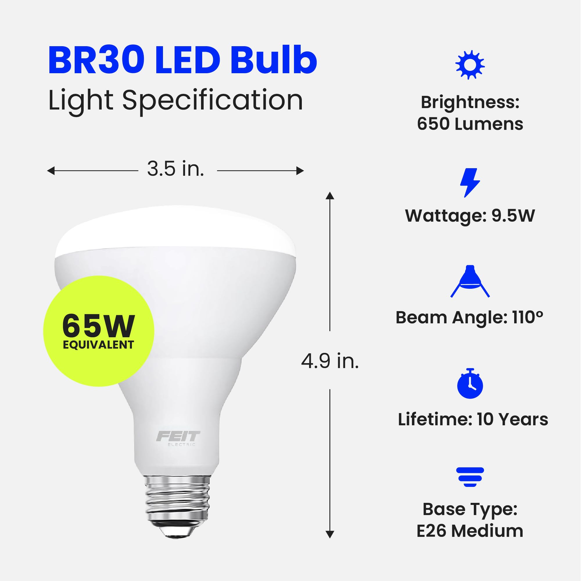Feit Electric Br30 Led Light Bulbs, 65W Equivalent, Non Dimmable, 10 Year Life, 650 Lumens, 5000K Daylight, E26 Base Recessed Ca