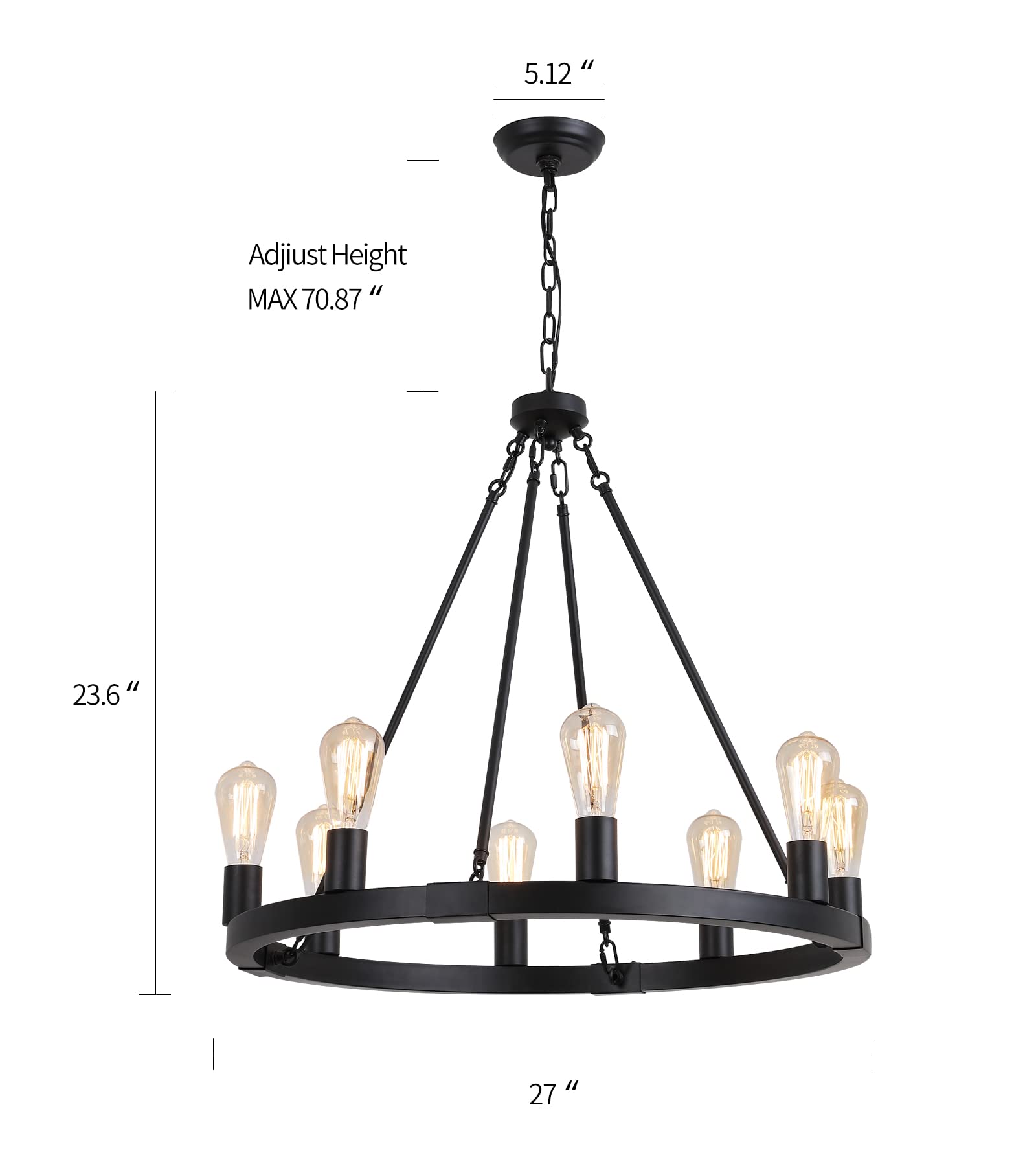 AMZASA Farmhouse 8-Lights Black Iron Wagon Wheel Chandelier, Dia 27" - UL Listed Light Fixture for Foyer, Dining Room, Kitchen, Living Room
