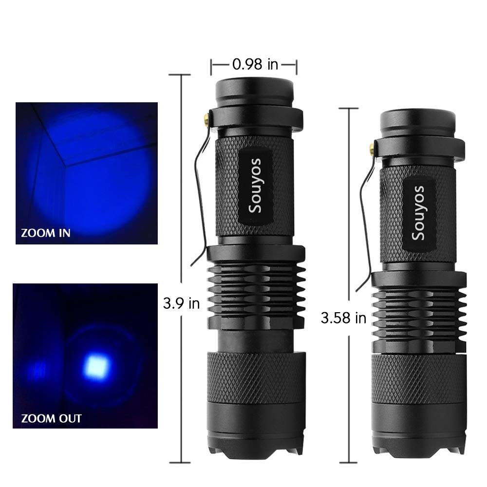 Souyos 3 Pack Zoomable LED Flashlights, 3 Modes, Blue, Aluminum Construction