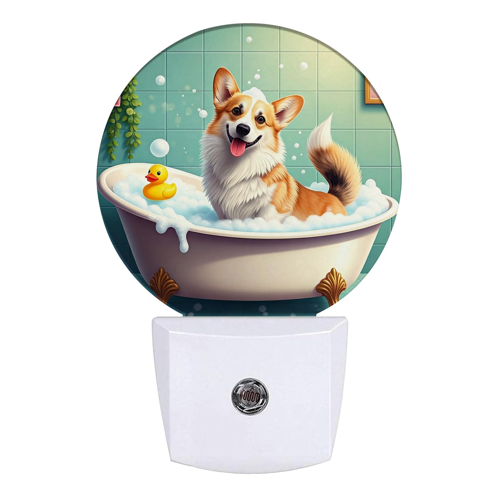 GANTINIR Funny Corgi Bathing Night Light Puppy Lover Night Lights LED Lamp Round Plug into Wall Nightlight with Dusk to Dawn Sen