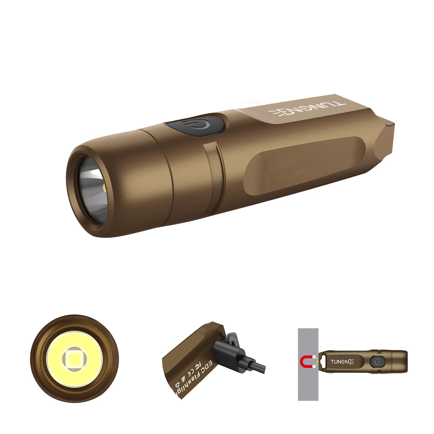 TUNENGE S15 Keychain Flashlight, 650 Lumens, Rechargeable EDC Mini Light, Aluminum, Brown