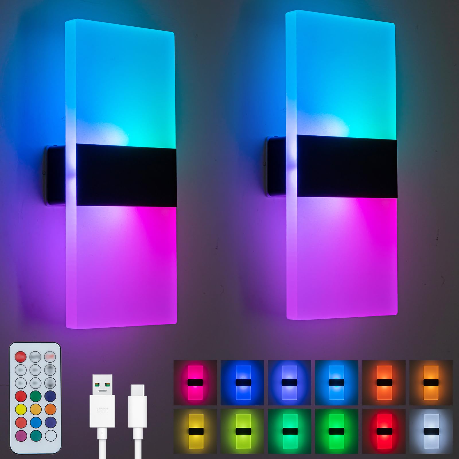 SURPALIG LED Wall Lights Set of 2, Dimmable, Rechargeable, Multi-colored RGB, Model RZX002, Battery Operated, Cordless