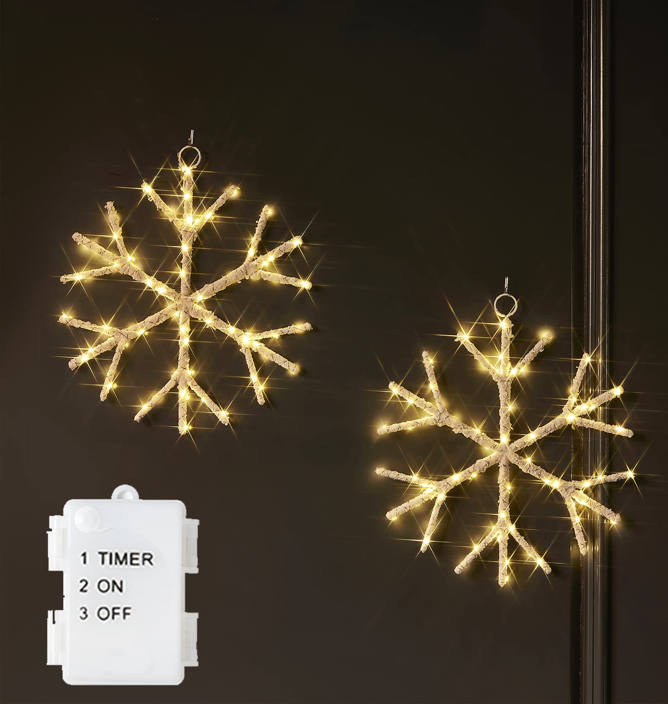 Hairui White Snowflake Lights Battery Operated with Timer 70 LED Fairy Lights 2 Pack 14IN for Window Christmas Decoration