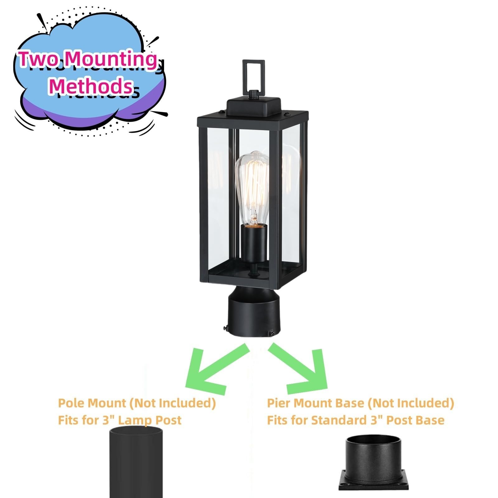 Wisbeam Outdoor Post Light, Black Metal Lantern, E26 Base, 16.5&quot; Glass, Etl Qualified