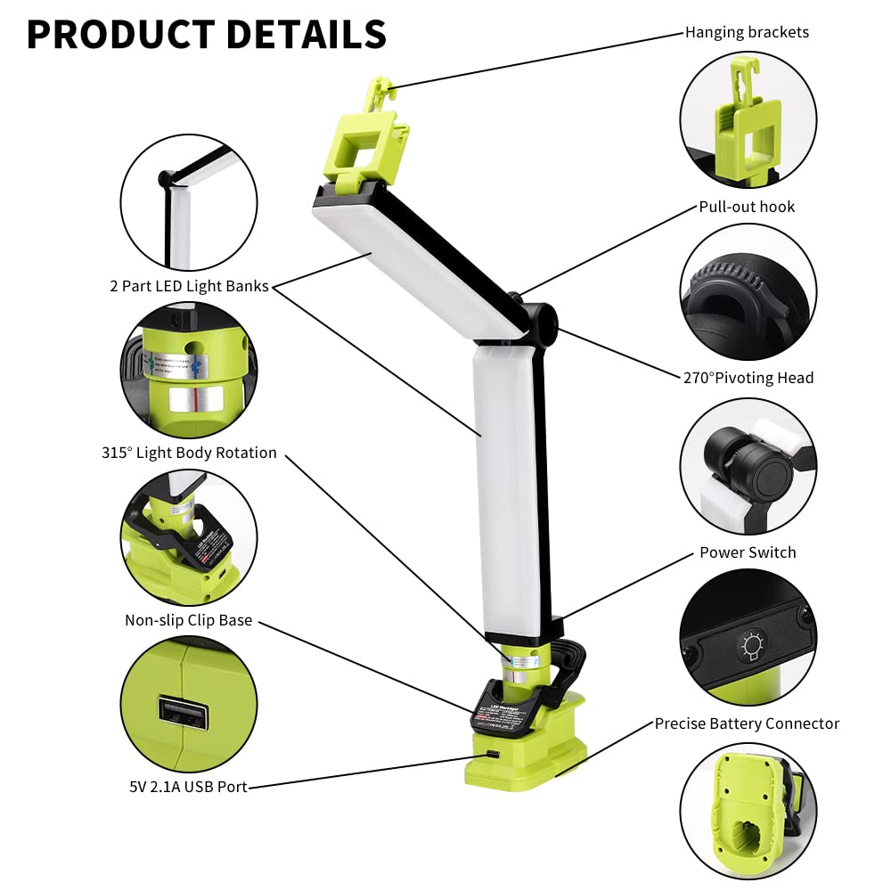 Choerinton Light 2400Lm Work Light Compatible With Ryobi 18V Battery Led Work Light Rechargeable Jobsite Light Rotating Flashlig
