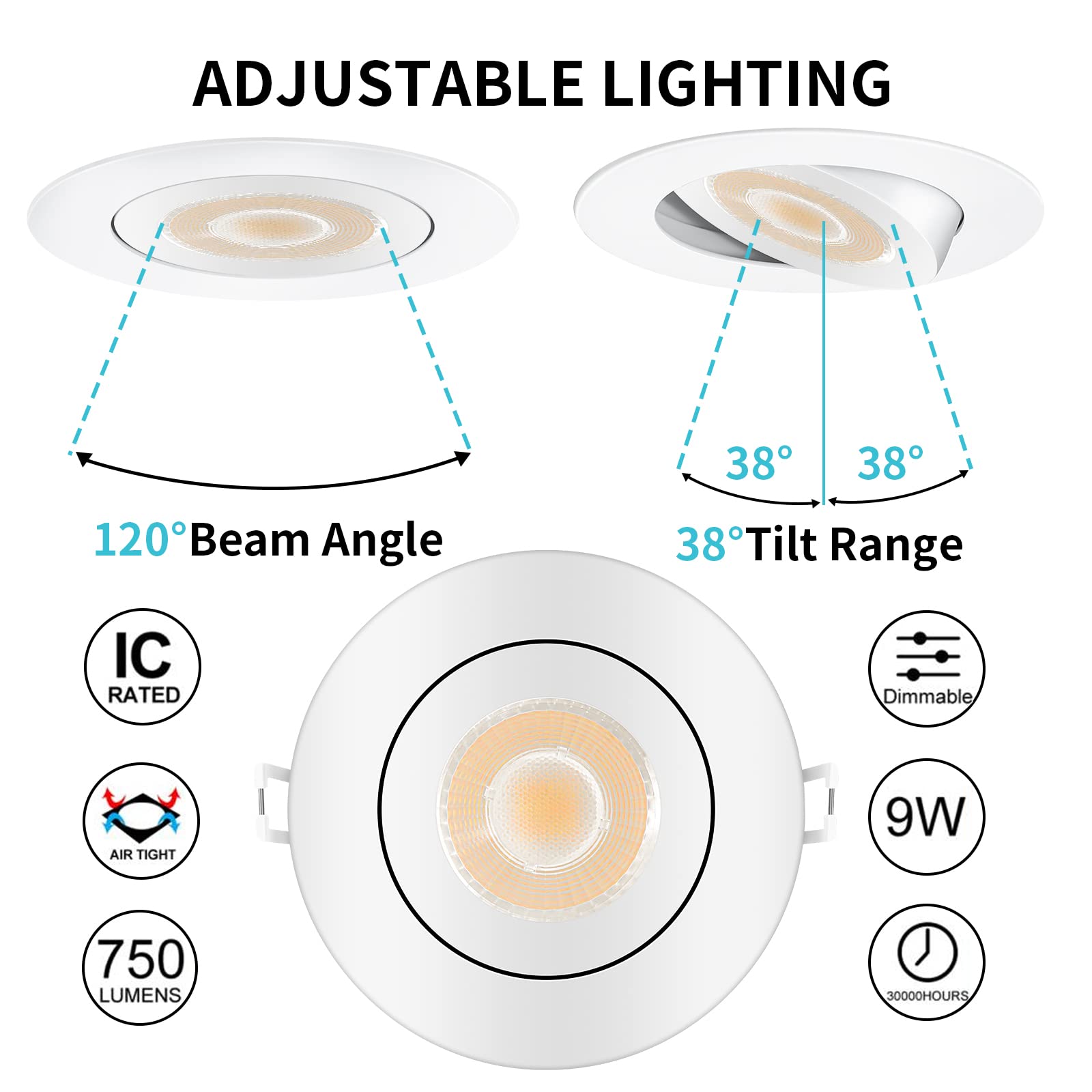 KnLnny Ware 4 Inch Indoor Spot Lights with Night Light, 9W 750LM Dimmable, Aluminum, ETL Listed, White, Model Light2025001-NL
