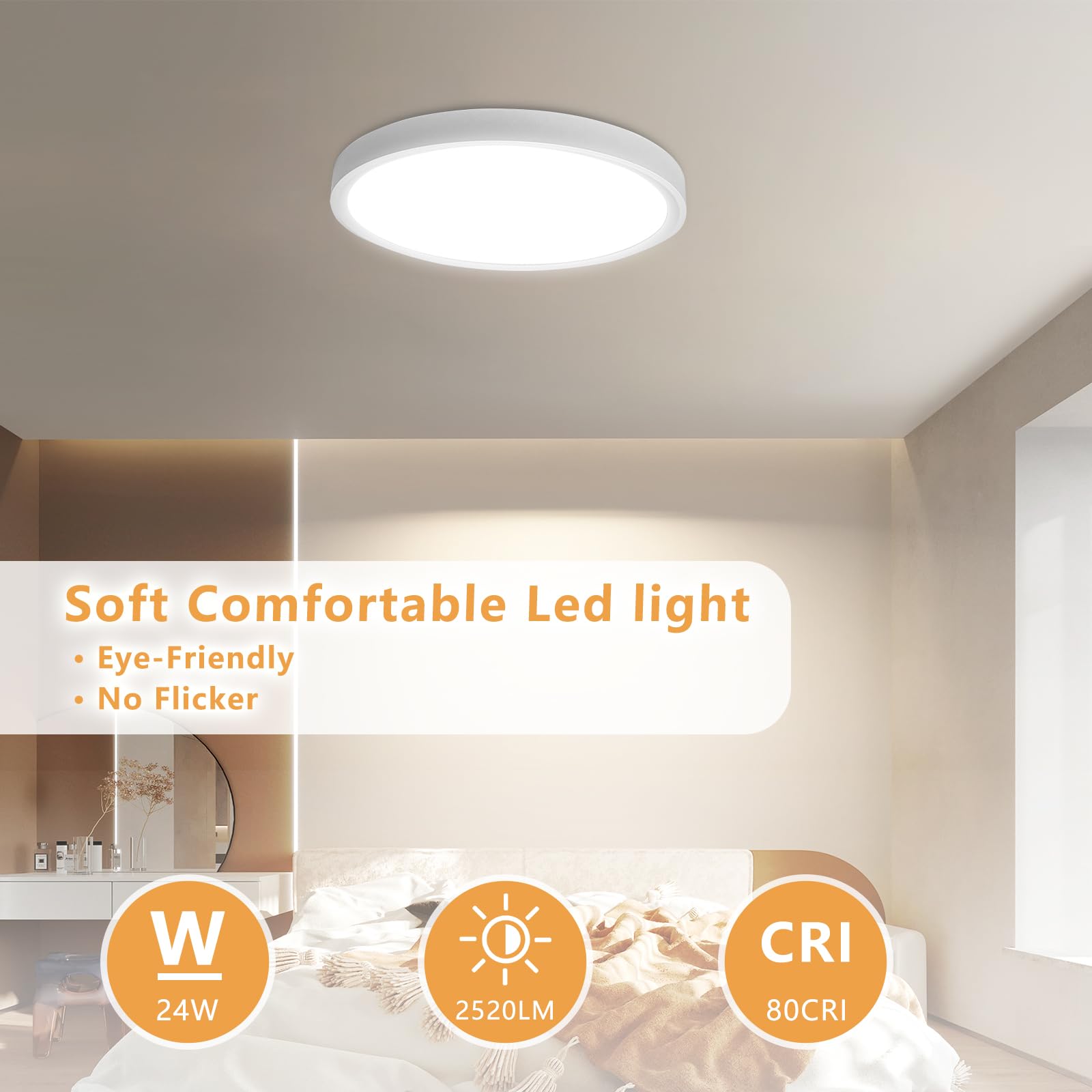 OFFIY 12 Inch LED Flush Mount Ceiling Light, 24W, 2520LM, CCT Selectable, White, 6PK, Model FY101-D30025W-DF