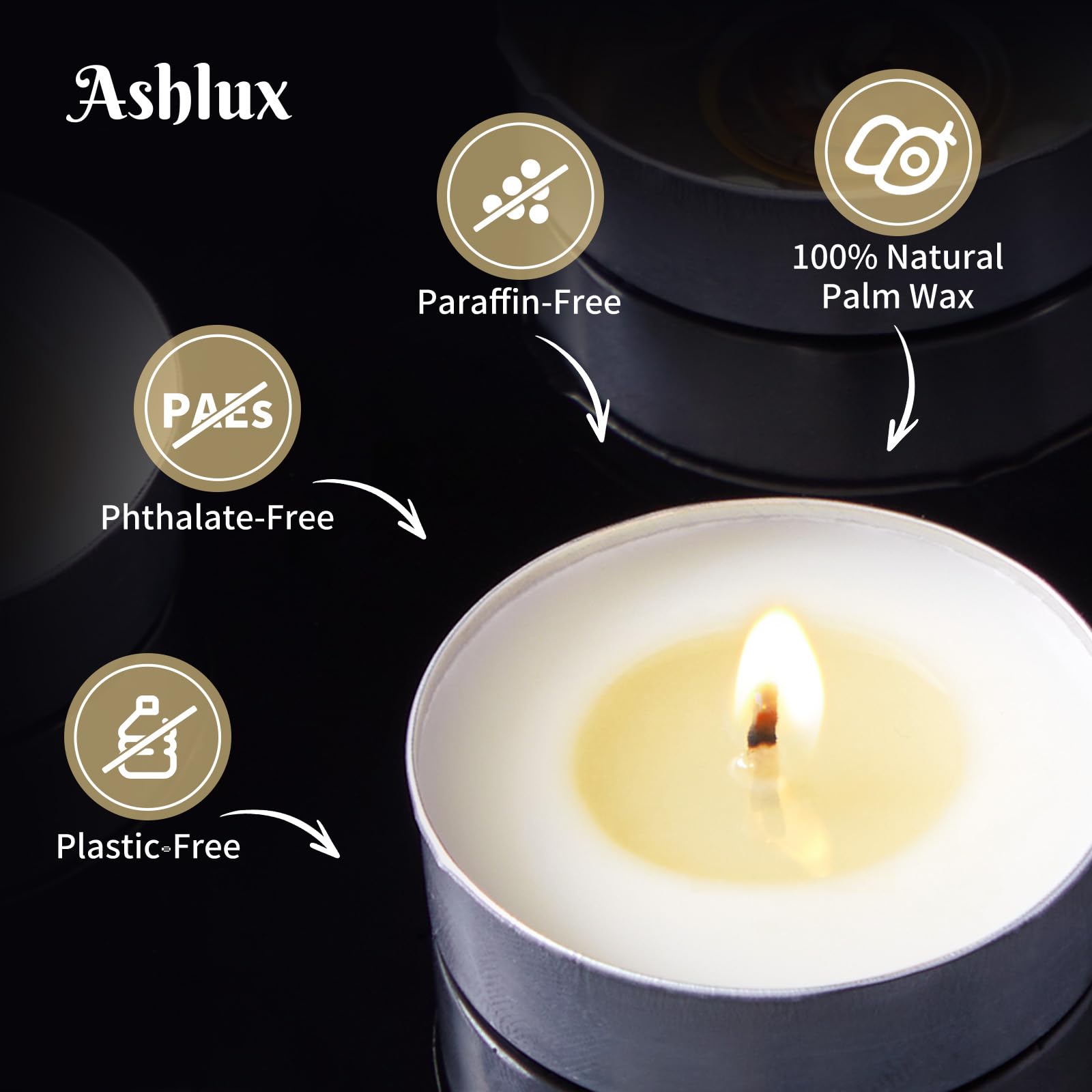 Ashlux Unscented Palm Tea Lights Candles 50 Pack Bulk, 4.5 Hours Long Burning White Tea Lights,Non-Paraffin, Smokeless, Mini Tealight Candles For Wedding, Table Centerpiece, Party, Power Outages