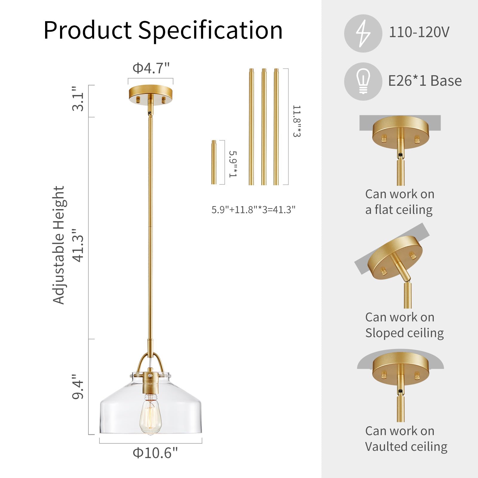 WUZUPS Rustic Farmhouse Chandelier Pendant Light Fixture, 9.4" H x 10.6" W, Gold, E26 Base, Clear Glass Shades for Dining Room Foyer