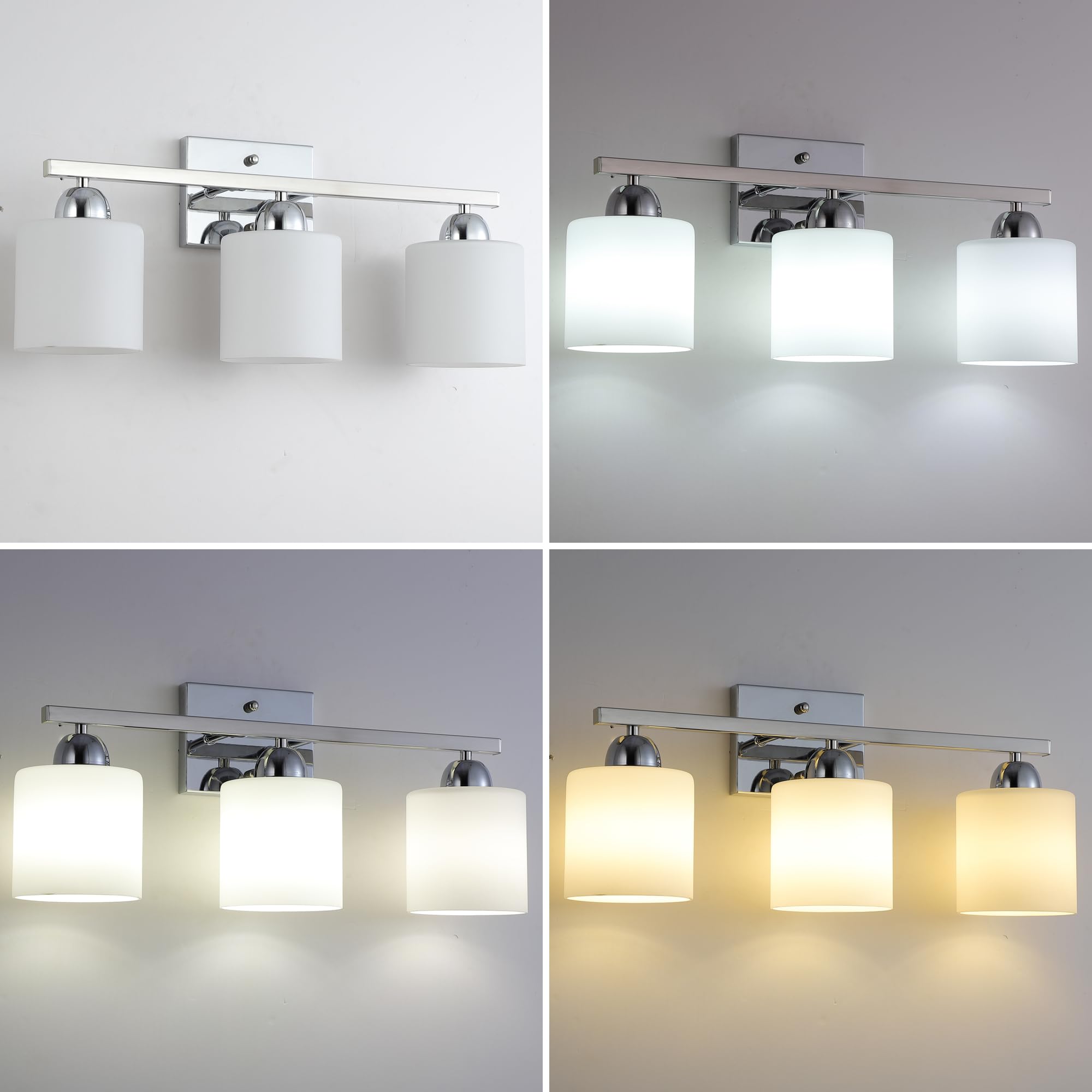 Mecgirn Stainless Steel 3-Light Bathroom Vanity Light, Silver Chrome with Frosted Glass, Model B0003-3-Chrome