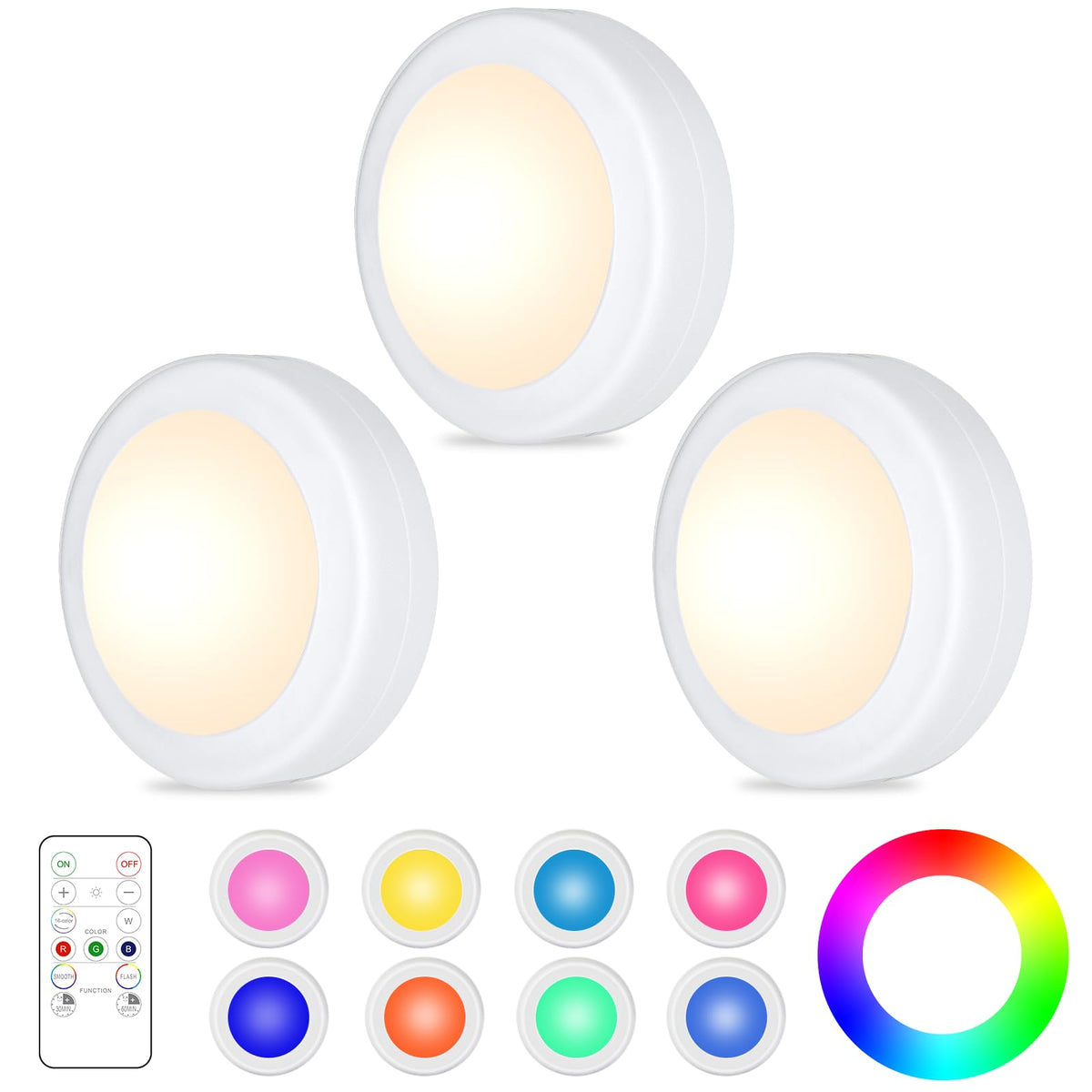 Yiliaw 3 Pack LED Puck Lights Remote Control 16 Color Changeable Under Cabinet Lights, Battery Operated Lights Night Light with 