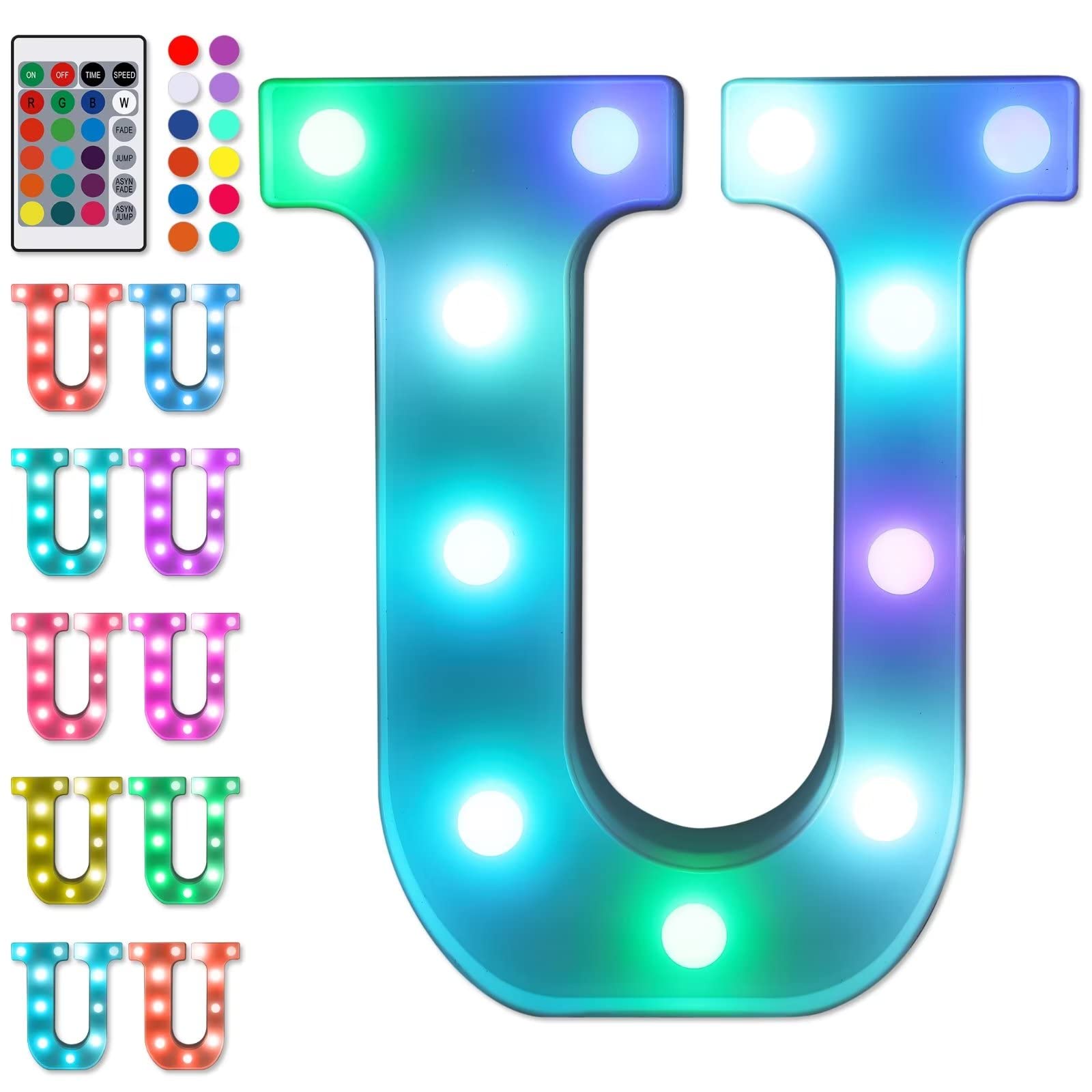Foaky Colorful LED Letter Lights with Remote,Marquee Light Up Letters Sign for Night Light Wedding/Birthday Party Battery Powered Christmas Lamp Home Bar Decoration(U)
