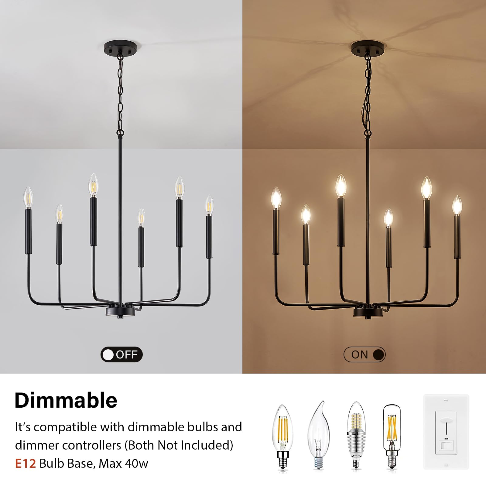 Zuyurt Black Chandelier, Modern Farmhouse Dining Room Light Fixture 6-Light Chandelier With Chain, Metal Hanging Lighting Fixtures Candle Dining Lights For Kitchen, Living Room, Bedroom, Foyer