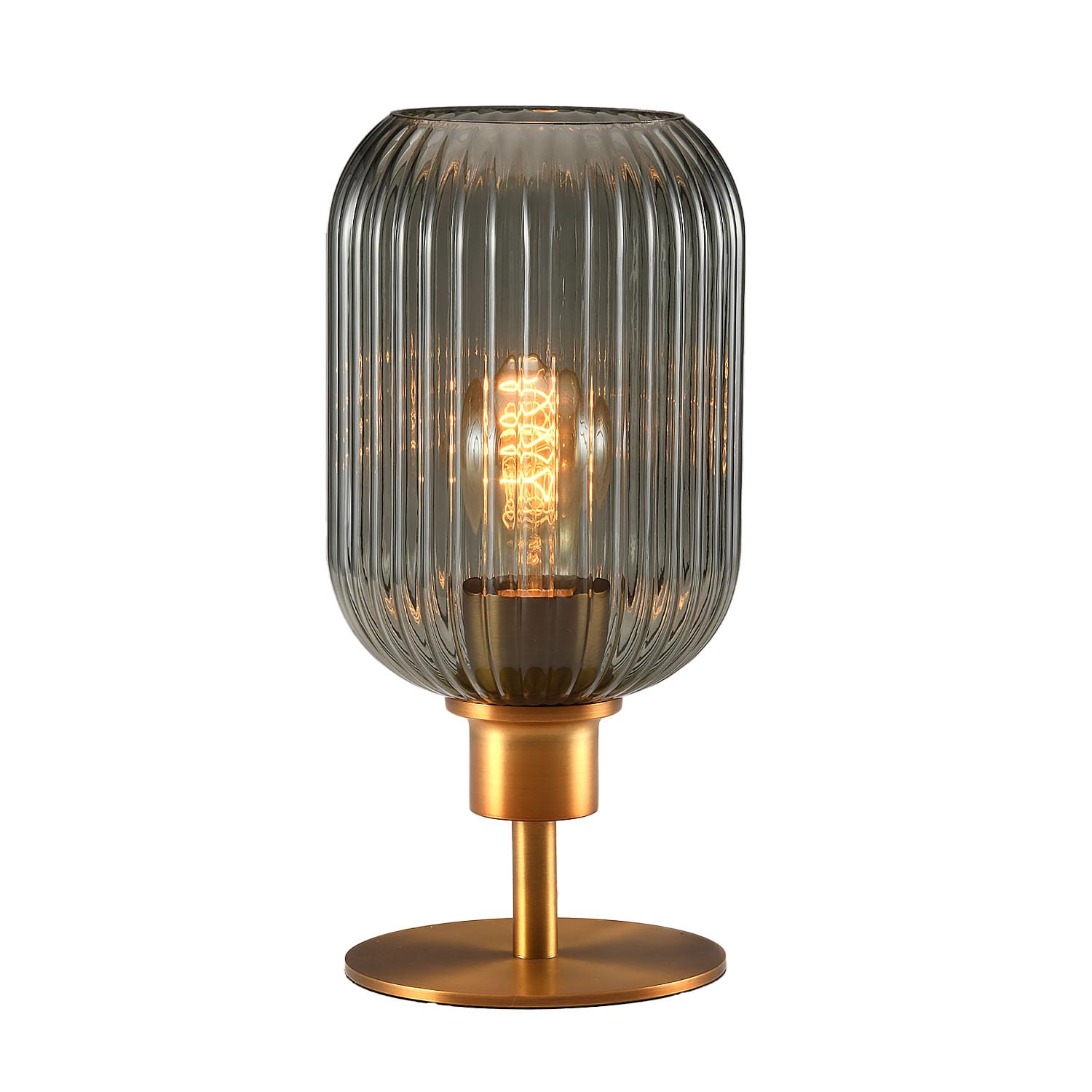 MAINDECO Mid Century Glass Table Lamp,Dimmable Desk Lamp,LED Bulb Included,Timer Build-in,Smoky Grey Ribbed Glass