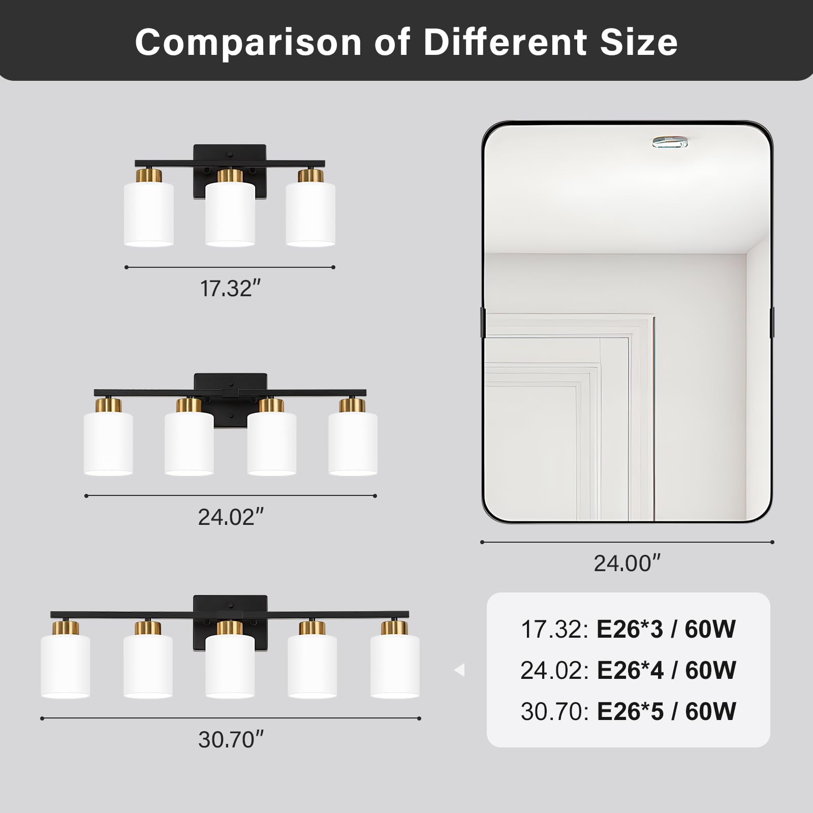 Fonmyim Black And Gold Bathroom Light Fixtures, 4-Light Modern Vanity Light Over Mirror, Wall Sconces With Milky White Frosted G