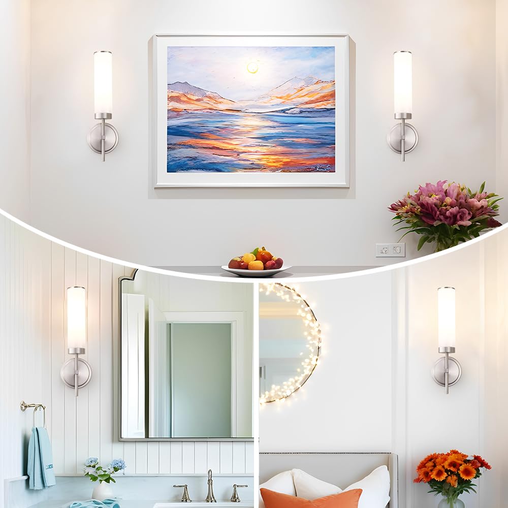 DSMJFU Brushed Nickel Wall Sconces Set of 2, Modern Opal Glass Vanity Lights, 15.94in Hardwired for Bathroom, Living Room, Bedroom