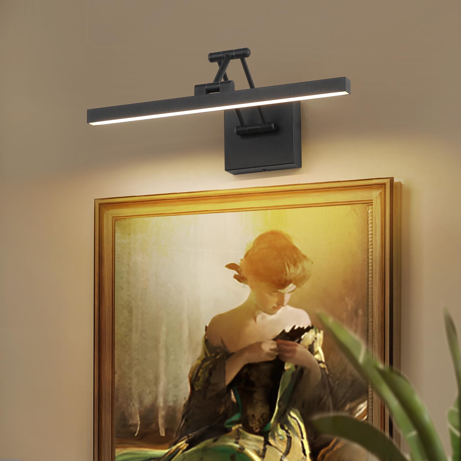 Pasoar Hard-Wired Picture Light Dimmable Led Picture Lights For Paintings 15.7" Inch Black Metal Body Wall Pictures With Adjustable Swing Arm Art Display Lamps 7W 3000K Warm White Book Light