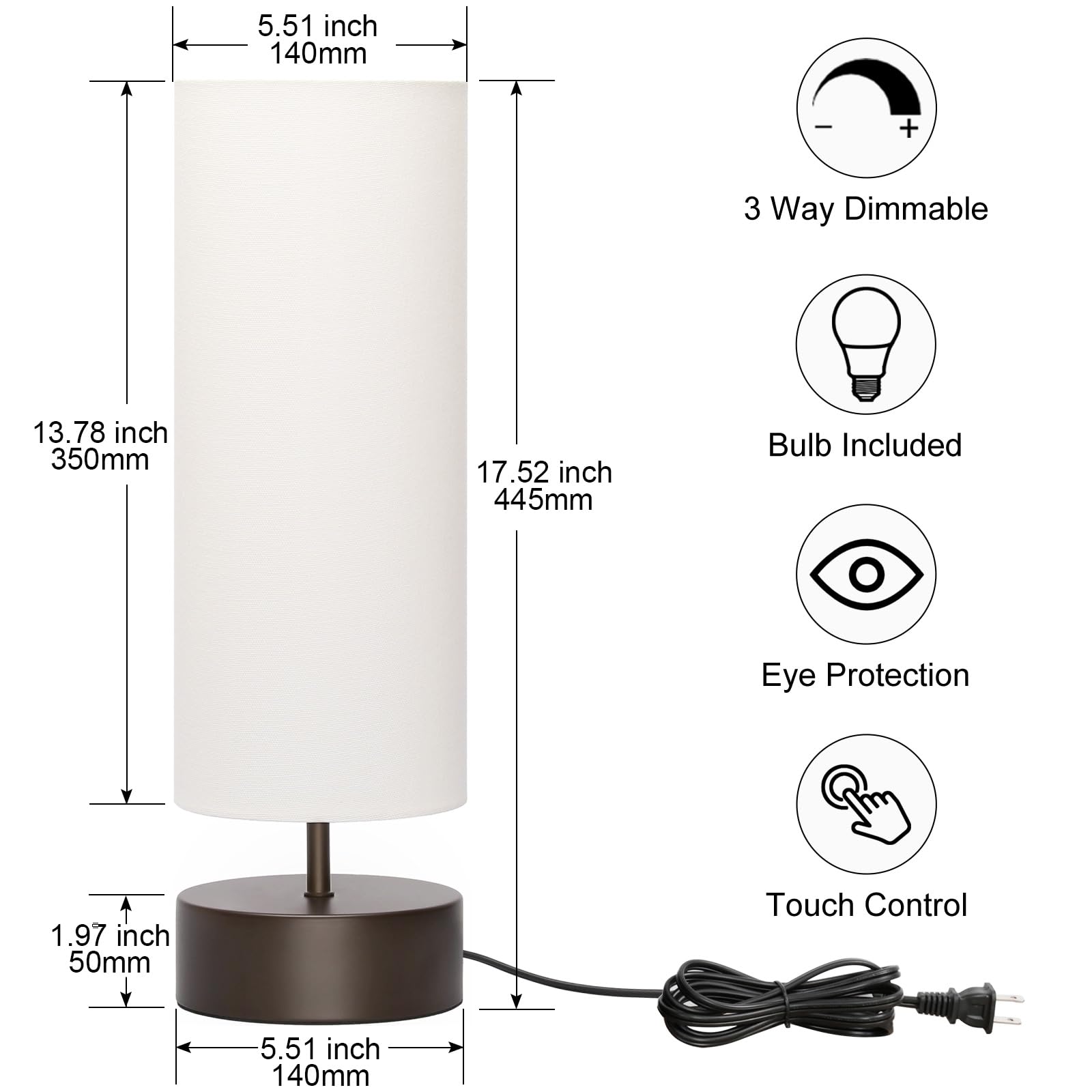 3 Way Dimmable Touch Control Table Lamp, Bedside Table Lamp With Dark Brown Base, Modern Nightstand Lamp With Beige Shade, Simpl
