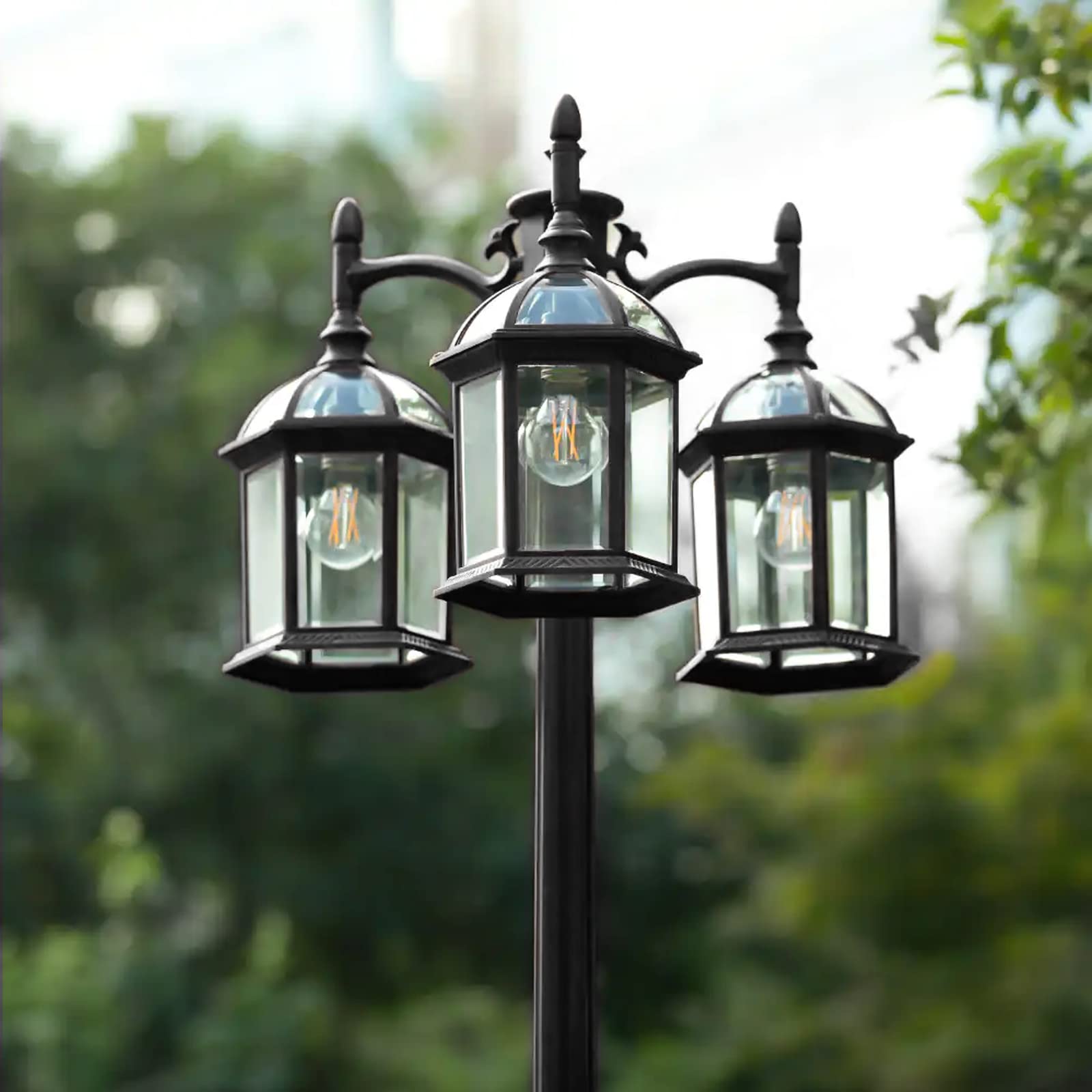 PARTPHONER Dusk to Dawn Outdoor Lamp Post Light, Triple Head, 7ft, Birdcage Black, Aluminum with GFCI Outlet and Sensor