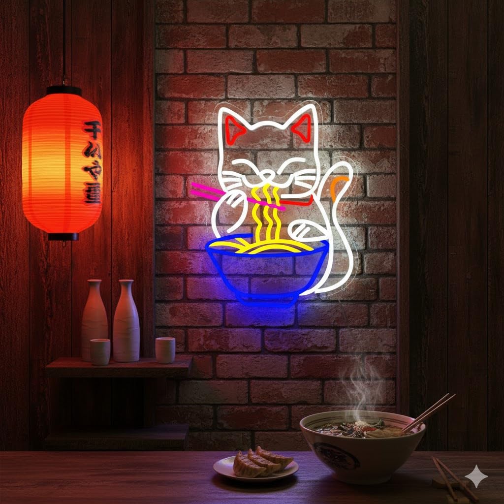 Fortune Cat Ramen Neon Sign  Dimmable Japanese Lucky Cat Noodle Led Neon Sign For Wall Decor  Usb Powered For Restaurant Bar Party Bedroom Birthday Gifts(15.7 * 12.7In)