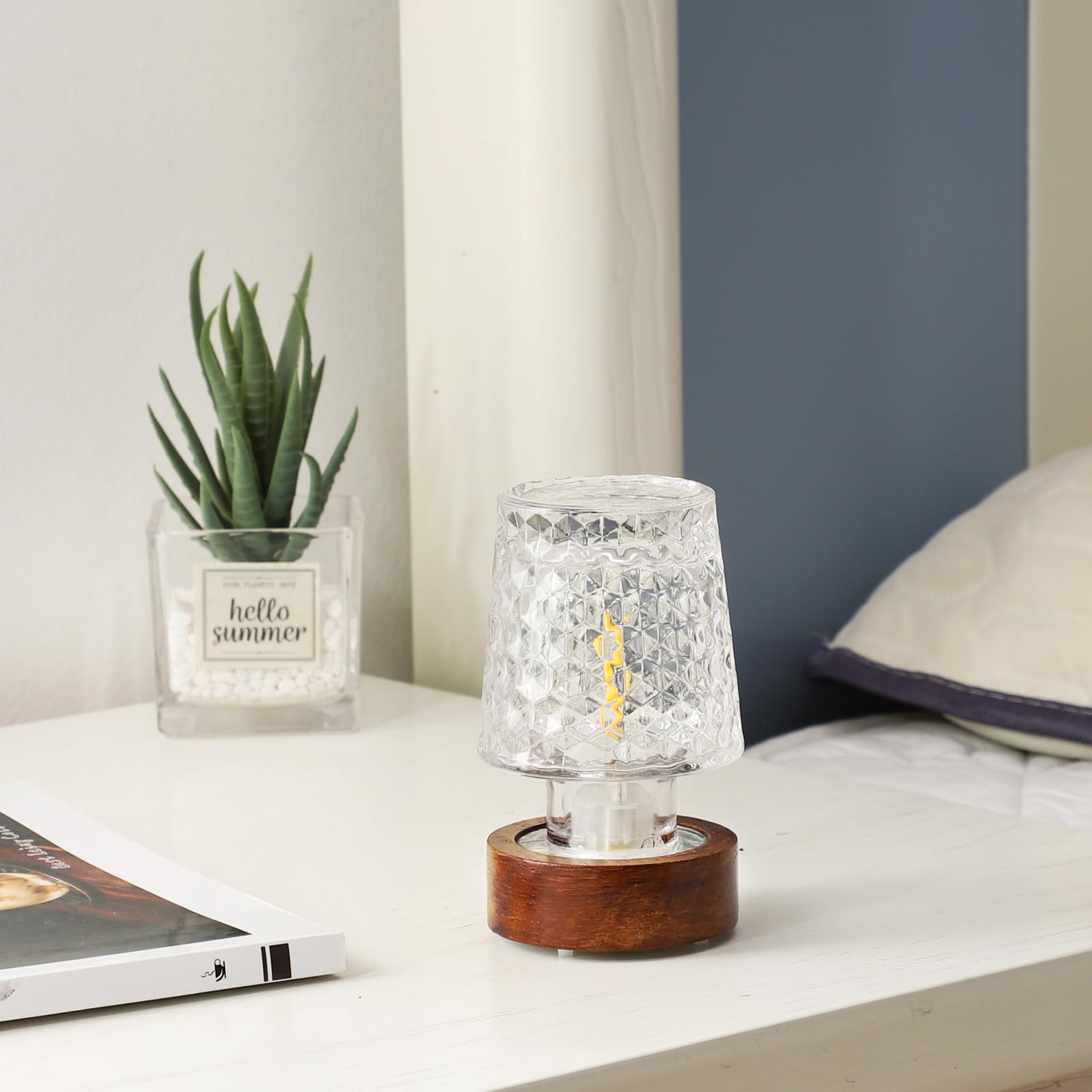 Gzwanhangmy Mini Soft Warm Led Night Light, Battery Operated Portable Glass Lamp With Timer, Art Deco Style, Crystal Color, For