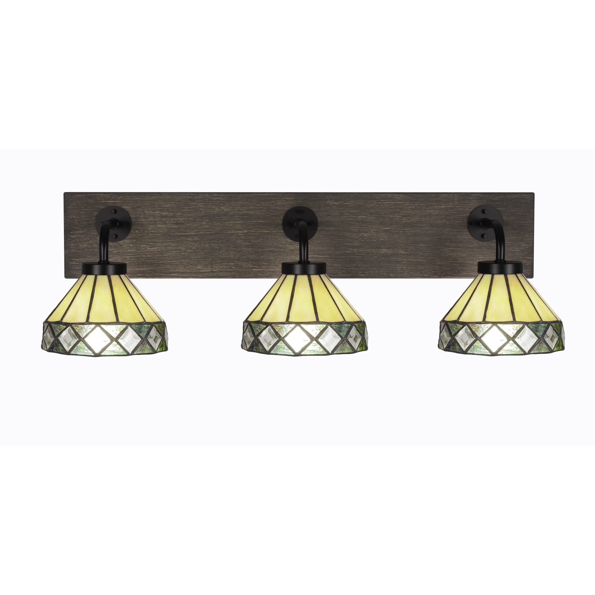 Oxbridge 3 Light Bath Bar In Matte Black & Painted Distressed Wood-Look Metal Finish With 7" Diamond Peak Art Glass
