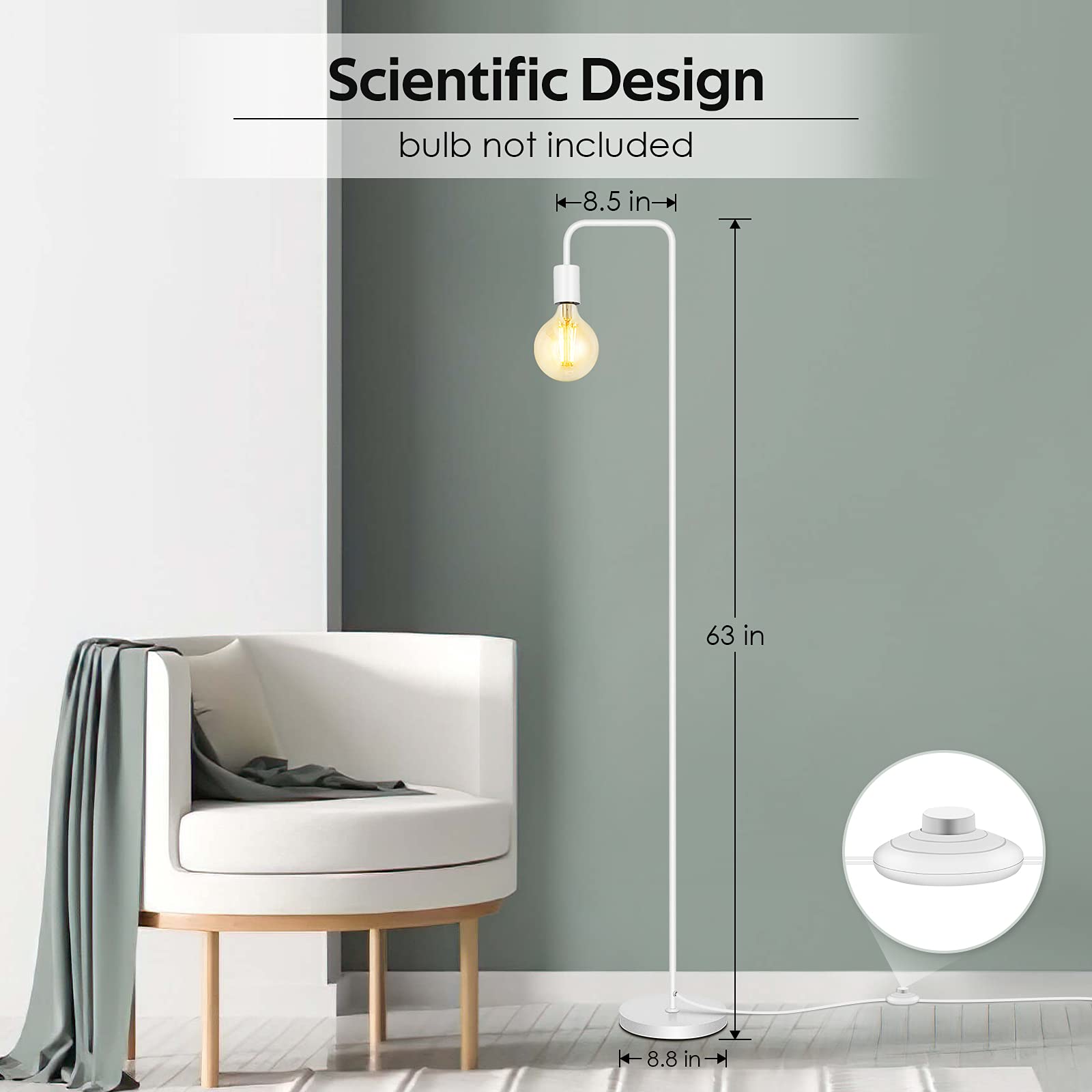 Boostarea Floor Lamp, White Industrial Floor Lamp, 63In Standing Lamp, E26 Socket, On/Off Footswitch, Whole Metal, Etl Listed, M