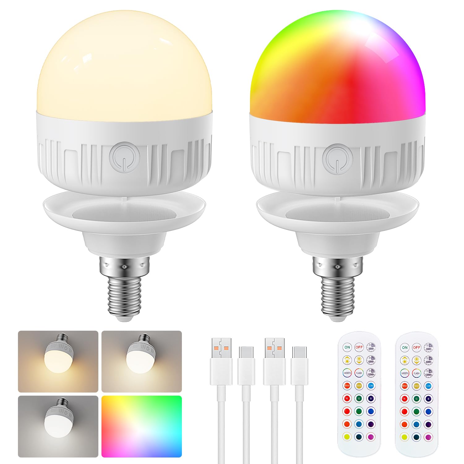 LGMCF Rechargeable Light Bulb with Remote, E12 6W 450LM, Dimmable LED, 15 Colors, 3 Timer, 2500mAh Battery, 