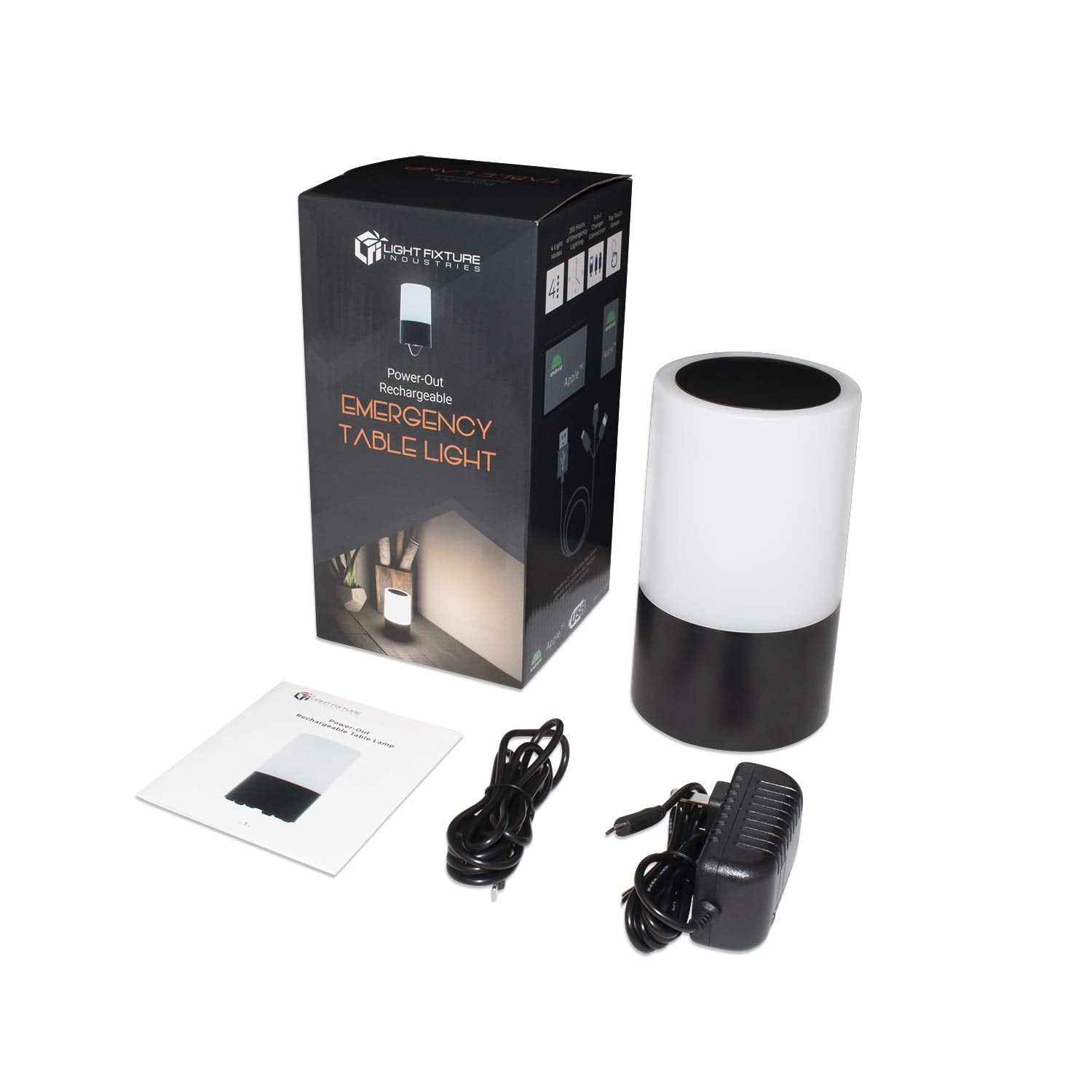 Lfi Lights | Home Emergency Table Lamp | 200+ Hr Power Outage Light | Built-In Usb Phone Charger | Disaster Preparedness | 3-In-1 Charging Cable | (Black, 1 Pack) | Rzlahr-B