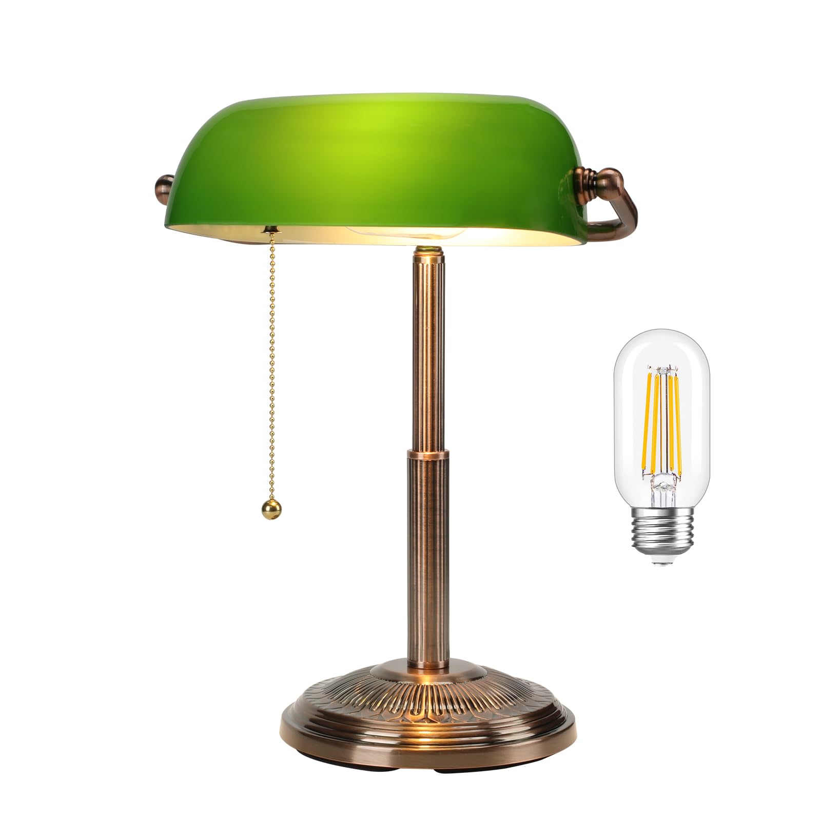 LINNMON Vintage Bankers Desk Lamp, Copper+Green, Iron, Model LT248800, Retro Style with Pull Chain Switch for Home Office