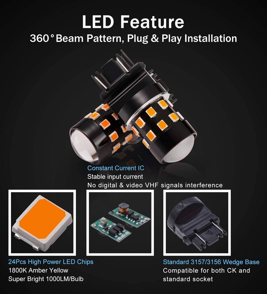 BRISHINE 3157 LED Bulbs Amber Yellow 24-SMD Chipsets Pack of 2 Non-Polarity