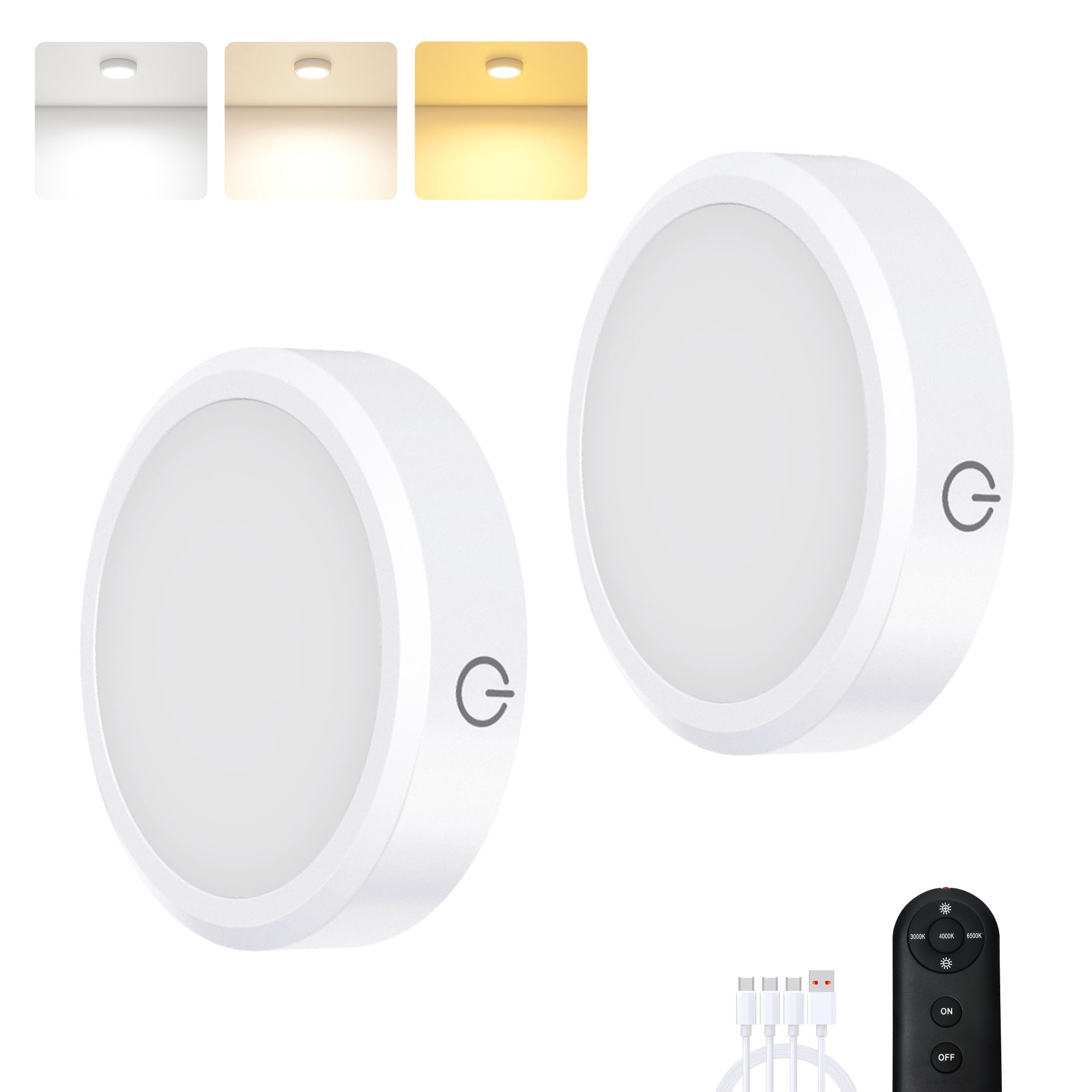 MICLIONLED Rechargeable Puck Lights with Remote Control, 3 Color Temperatures, White, 2 Pack, Model M3-G17, Plastic Material