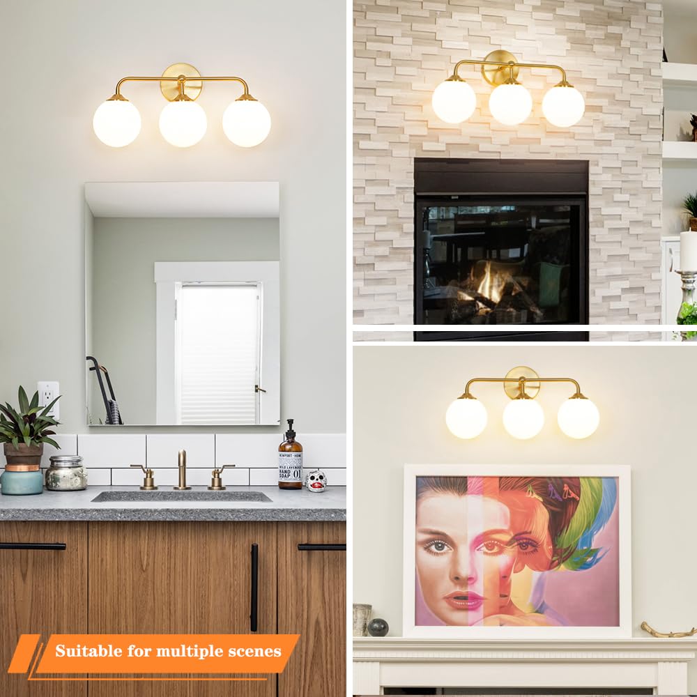 Modern Brushed Gold 3-Lights Vanity Light Fixtures With Milky White Glass Ball Shades  Mid Century Brass Wall Sconce Lighting Fixtures Over Mirror  Wall Sconces For Bathroom Dressing Table Bedroom