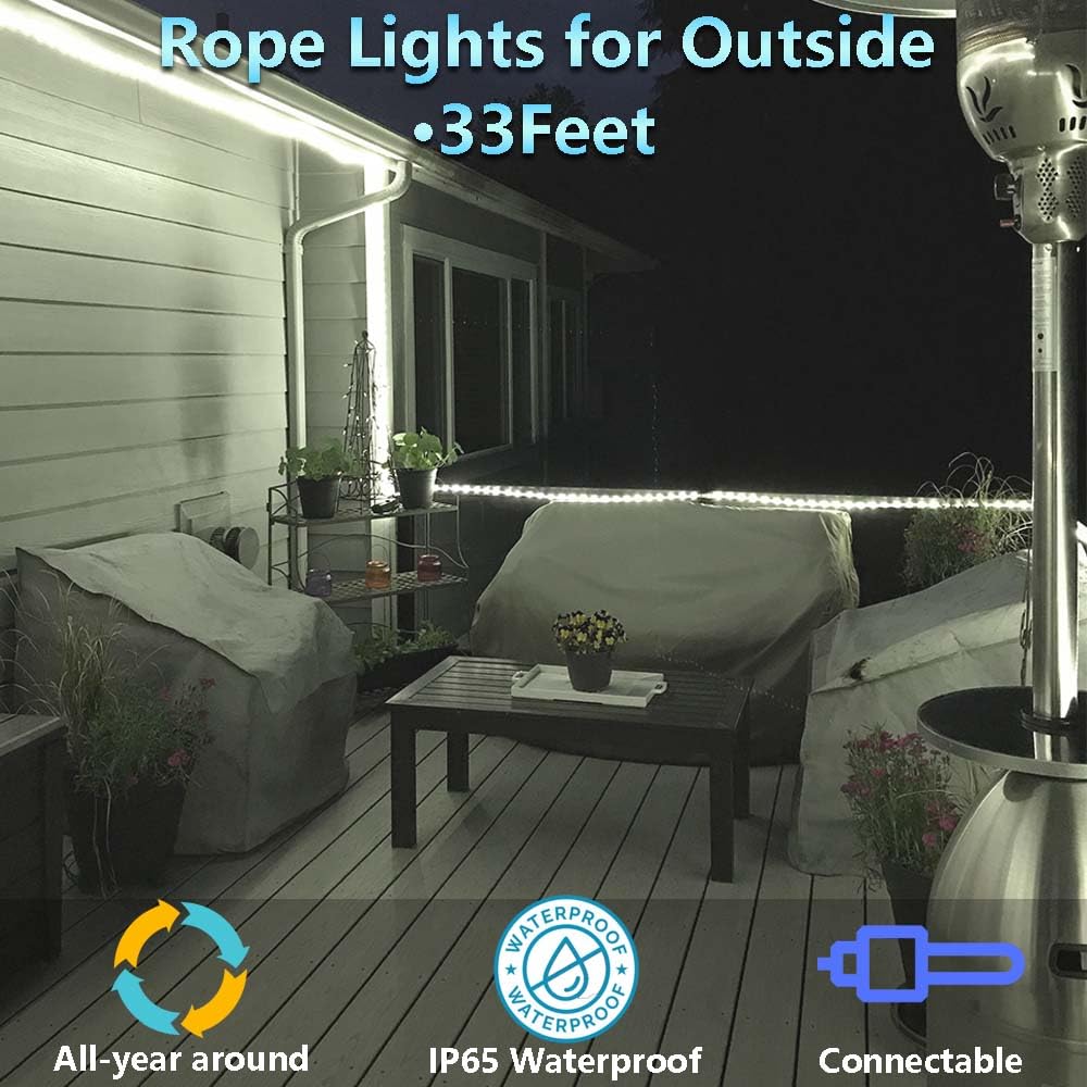 FOEERS 33FT White LED Rope Lights Outdoor,Flexible Tube Rope Lights Plug in,Connecting Rope Lights for Deck,Patio,Camping,Porch,