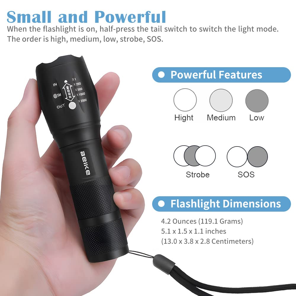 BEIKE Flashlight 2 Pack - High Lumens Small LED Flashlights, Black, Model S116-2, Anodized Aluminum for Home, Camping, and Emergencies