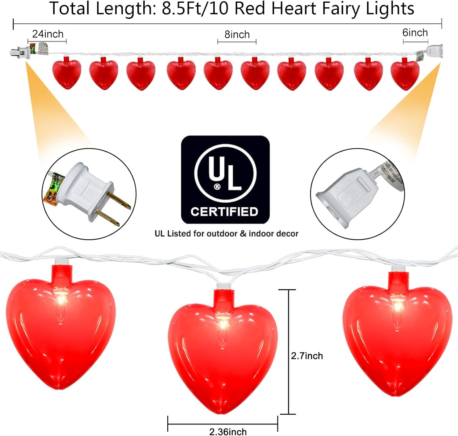 Oviejo 8.5Ft Red Heart String Lights, Decorations Lights With 10 Red Heart, Connectable Romantic Fairy Heart String Lights For G