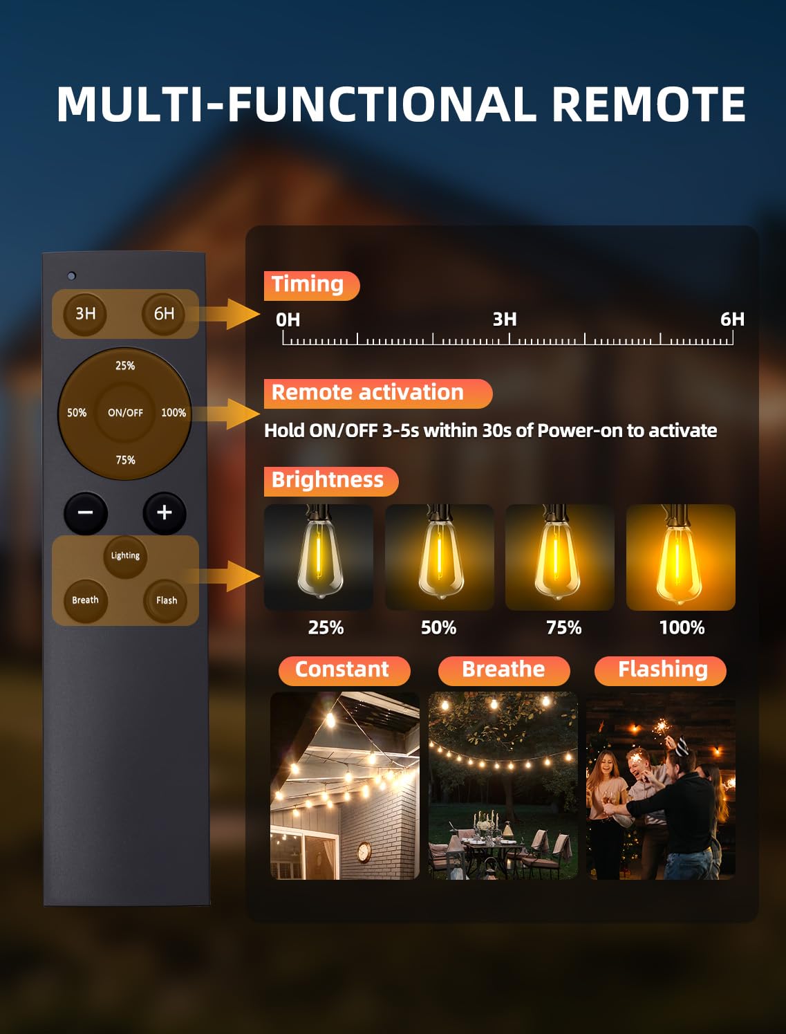 Vozuji Outdoor Patio String Lights: 100Ft 30M Outside Waterproof Light - Remote Dimmable St38 Shatterproof Bulb Connectable Hanging Outdoor Electric Lighting - Backyard Yard Gazebo Porch Party