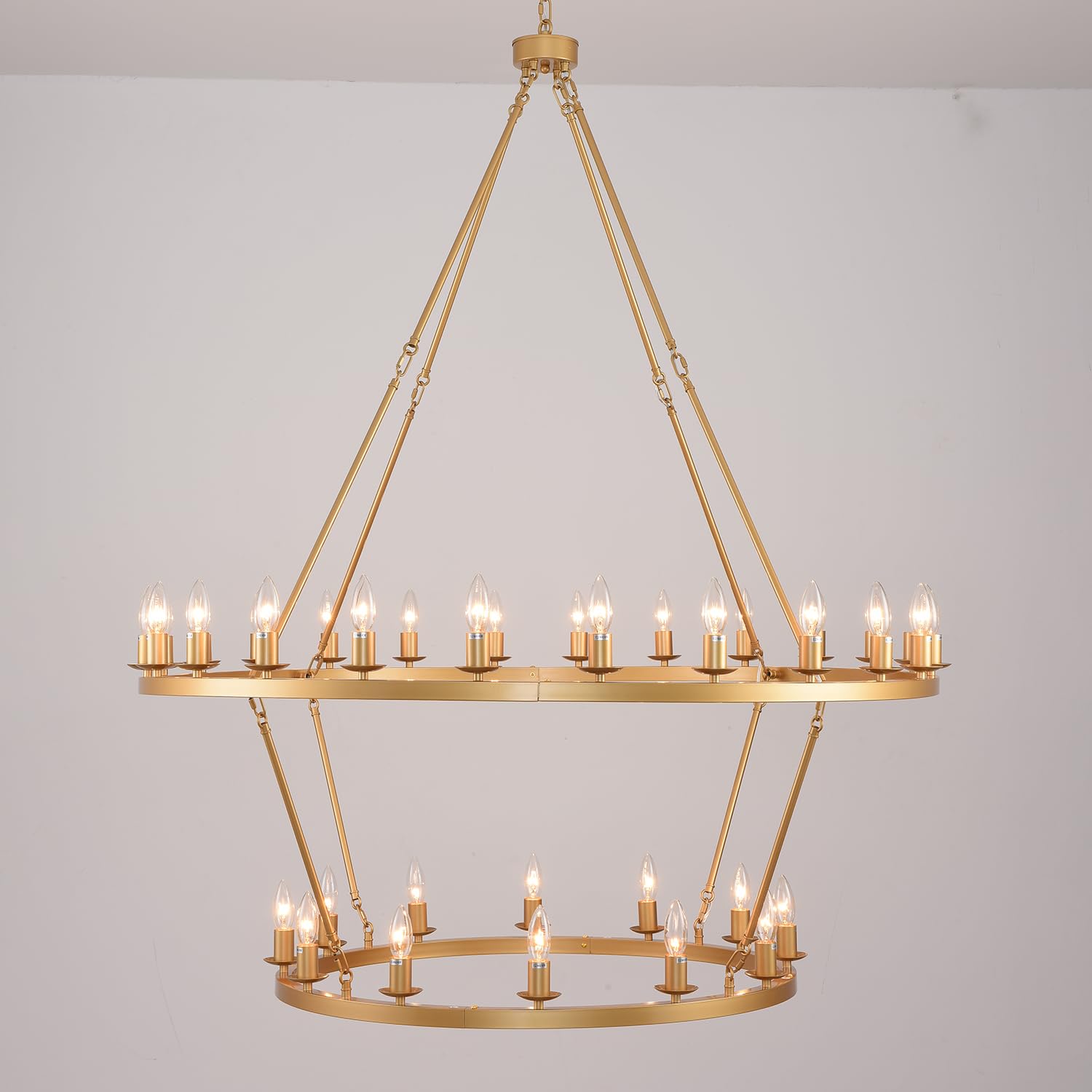JKLX Extra Large Wagon Wheel Chandelier 2 Tier Pendant Light, 48 Inch, Metal, Gold, Model WE-70-60-48-3, Rustic Hanging Lighting