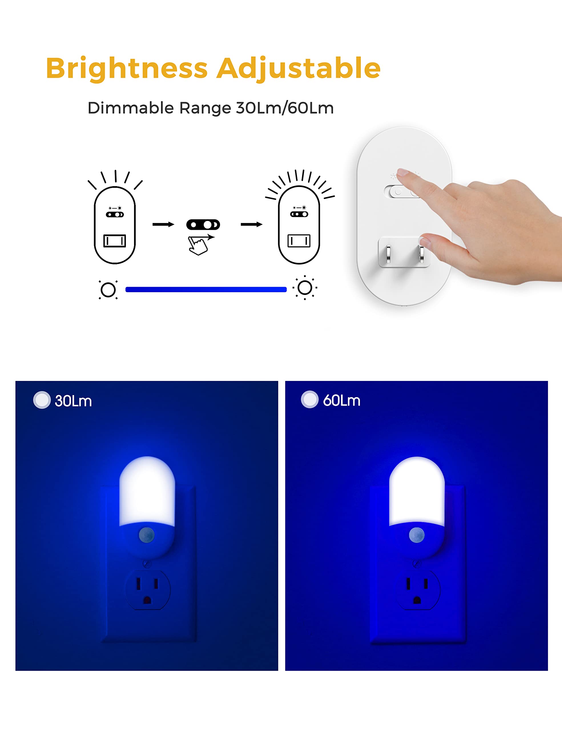 Blue Night Light Plug In, Lohas Motion Sensor Blue Led Night Lights Plug Into Wall, Adjustable Brightness, 0.6W Led Night Lights For Kids, Bathroom, Bedroom, Independence Day Decorations, 2 Pack