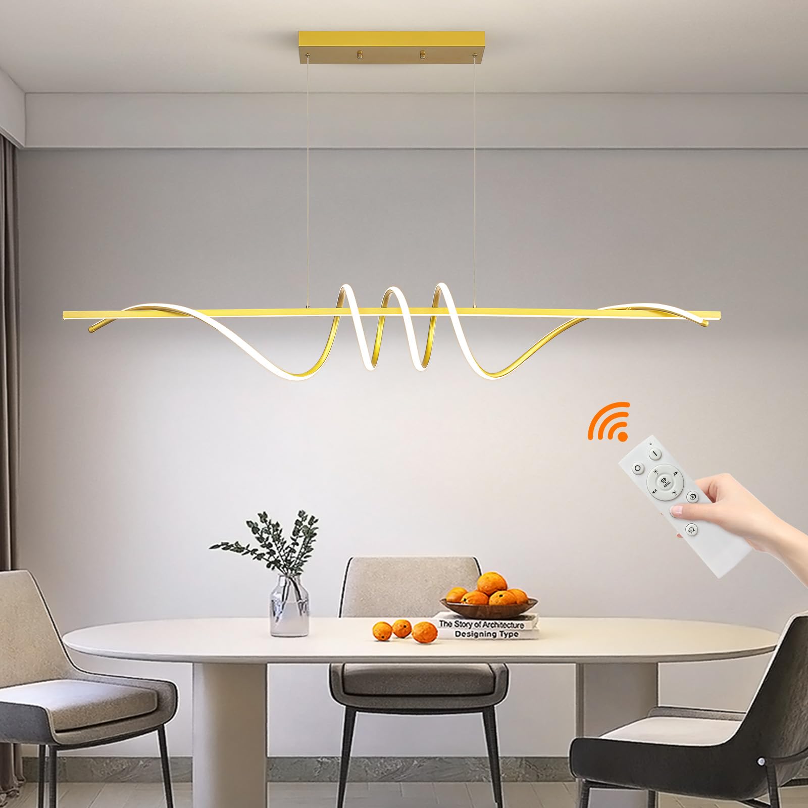 Matven Modern Dimmable Desk Linear Pendant Light, Remote Control, 3 Color Modes, 59IN, Gold