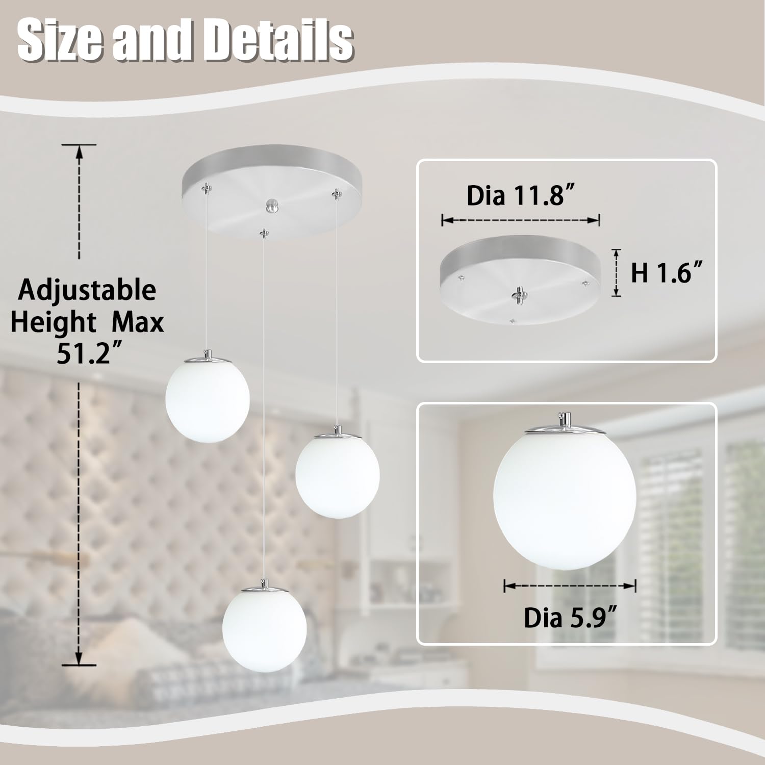 Ykolupty 3-Light Silver Chandelier With White Globe Glass Dimmable Ceiling Light Glass Pendant Light For Kitchen Island, Dining