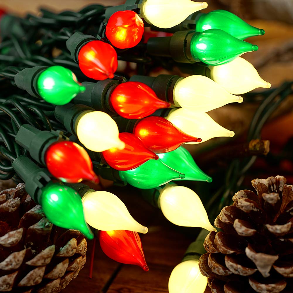 BOHON C3 Multi Color Christmas Light Set - 50 LEDs, UL Certified, Indoor/Outdoor, Green Wire, Red Green and White